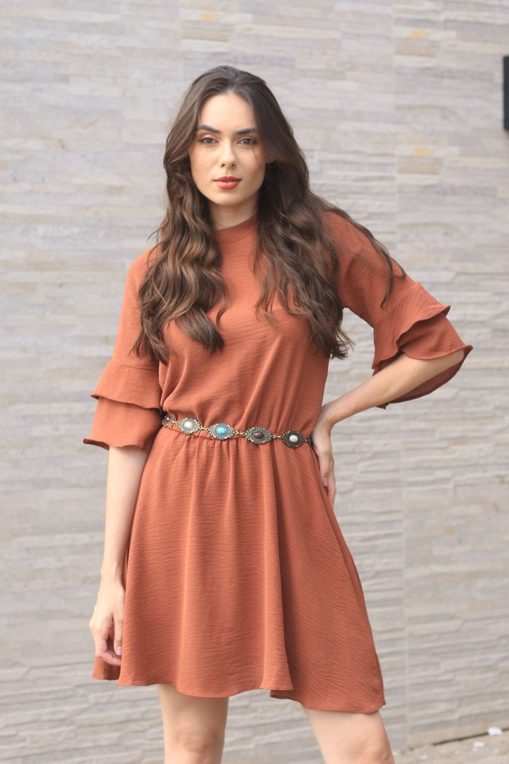 Vestido Babados Manga - Marrom
