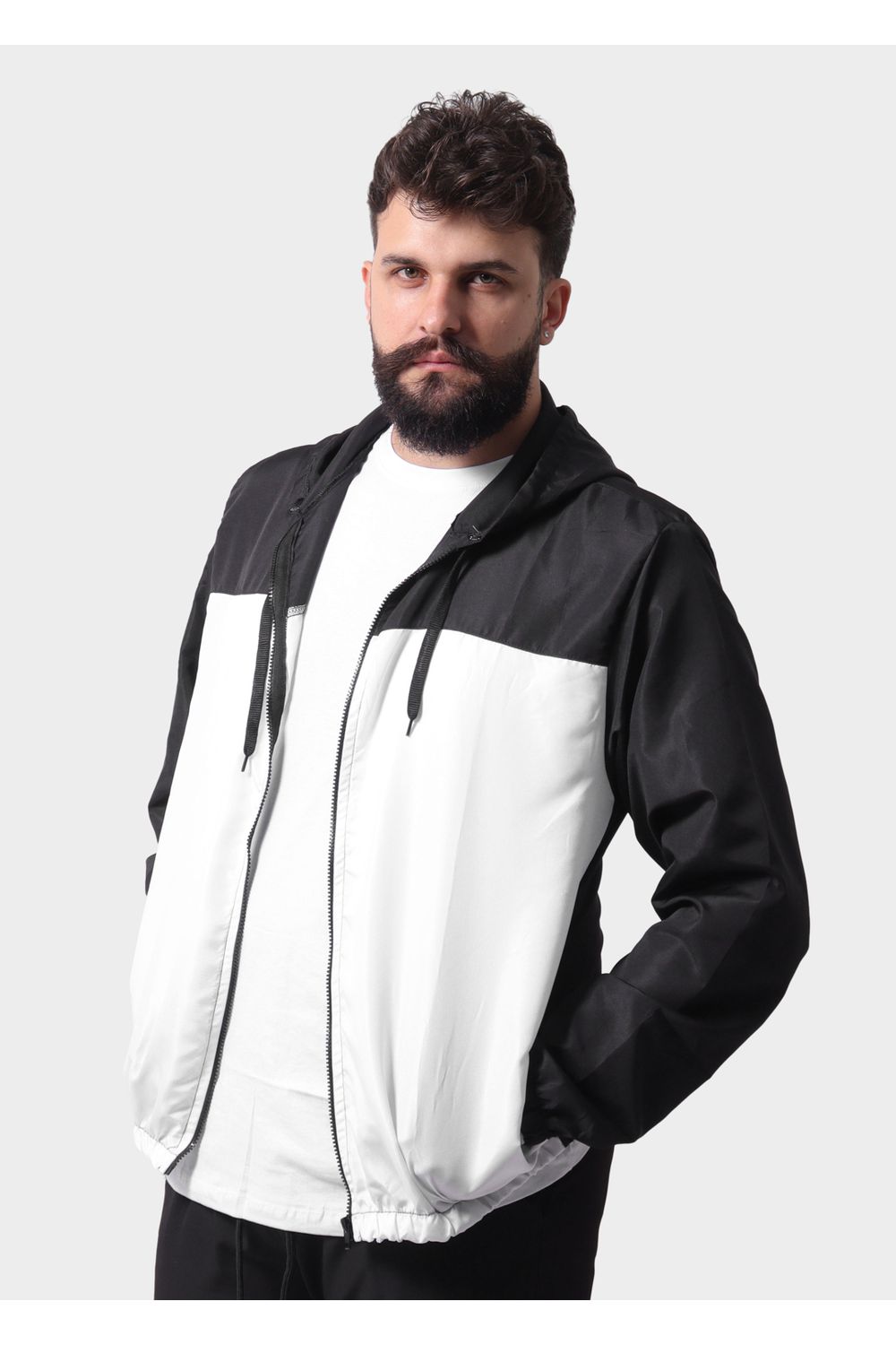 Jaqueta Corta Vento Masculina Com Zíper Preto e Branco