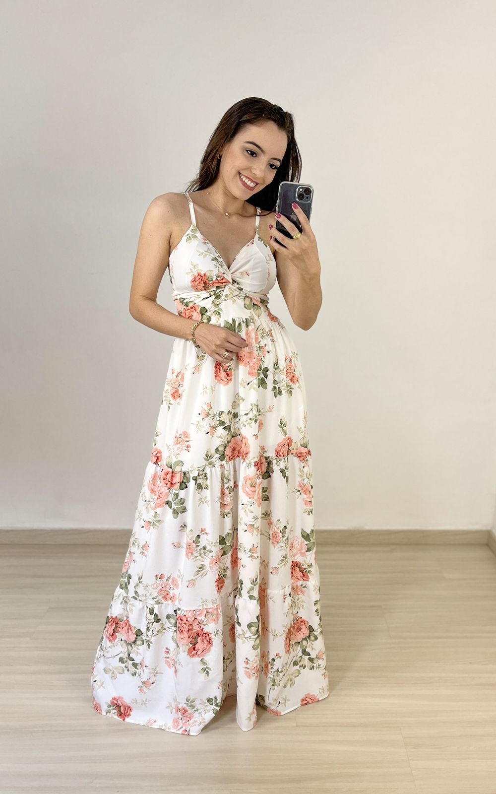 Vestido Longo em Crepe de Seda Estampado Floral Villa Veneza