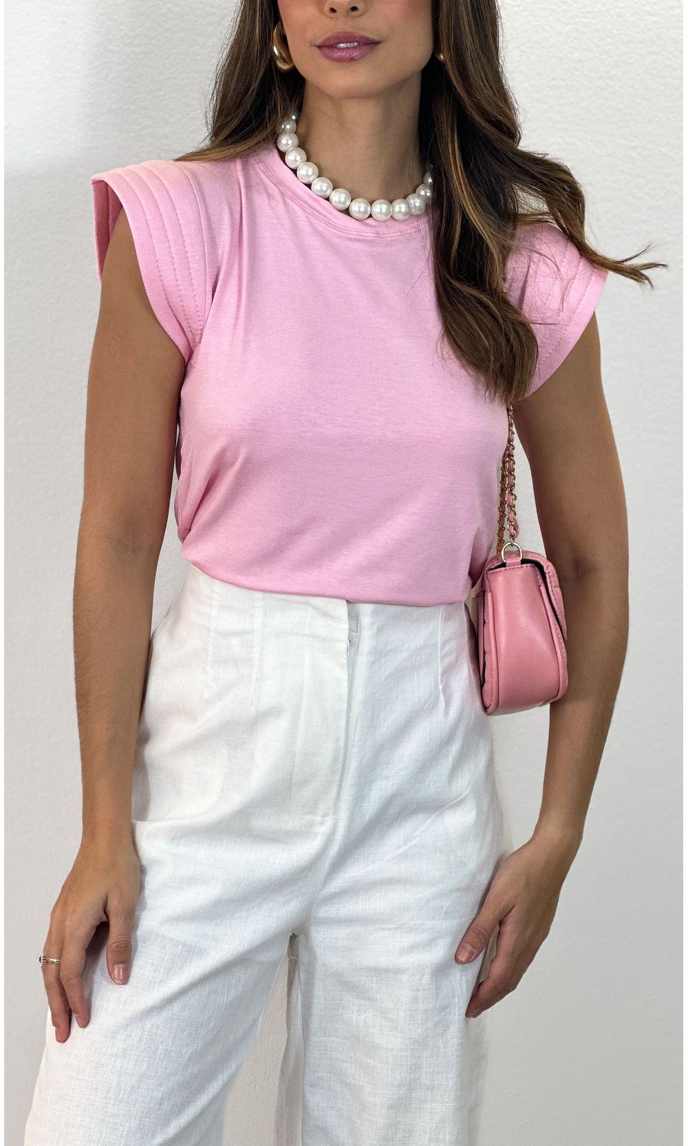 Regata Muscle Tee Com Ombreiras Rosa Pastel Jack Modas Moda Feminina e Acessorios