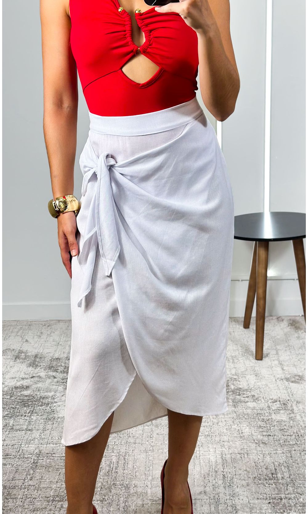 Saia Midi Transpassada em Linho com Amarração - Br... - Jack Modas, Moda Feminina e Acessórios 