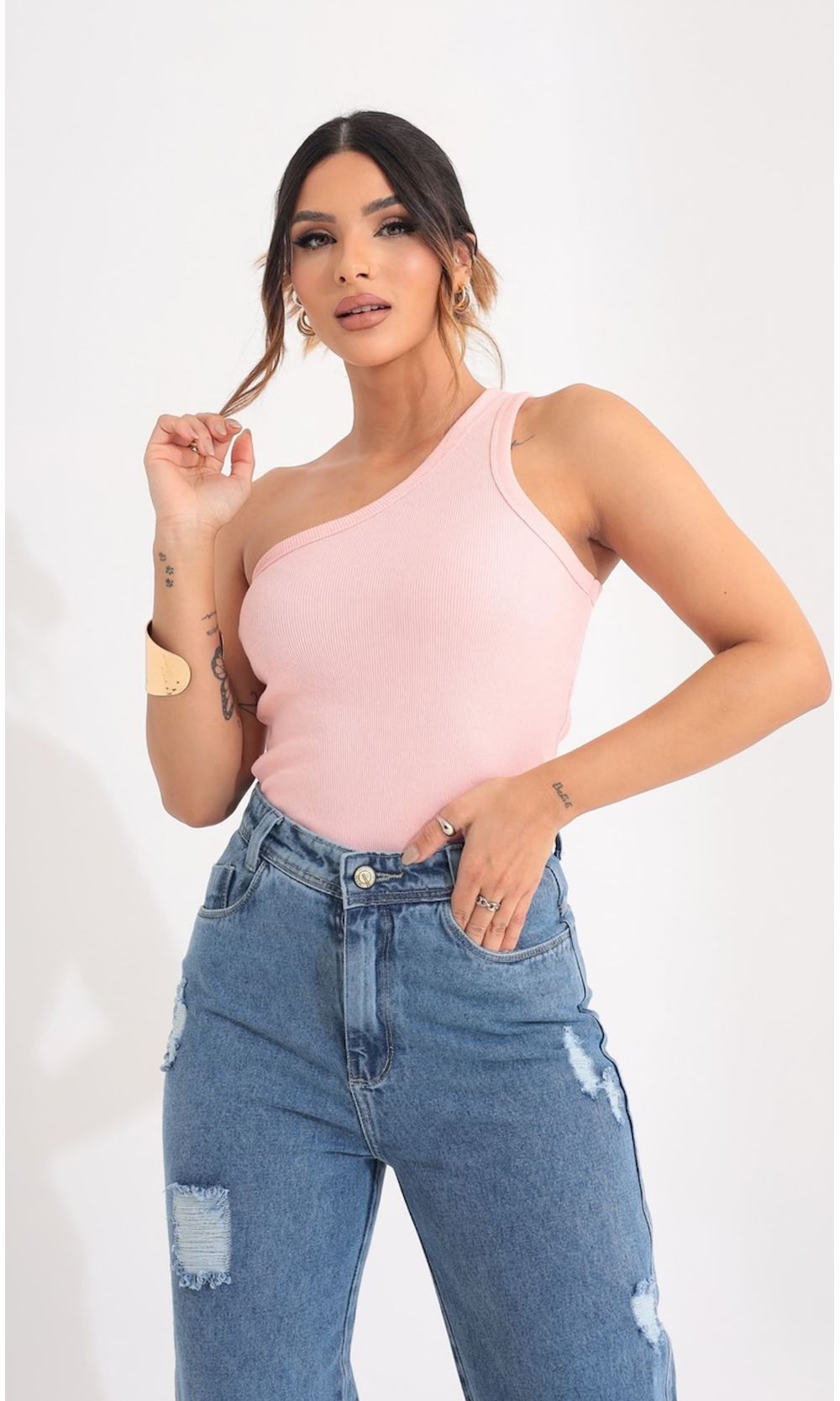 Regata Canelada Um Ombro Só - Rosa Pastel - Jack Modas, Moda Feminina e Acessórios 