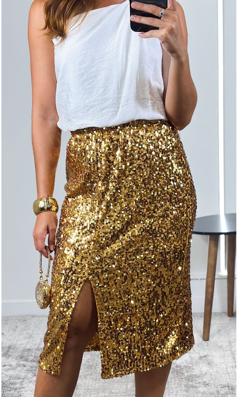 Saia Midi Lápis com Fenda e Paetês - Dourado - Jack Modas, Moda Feminina e Acessórios 