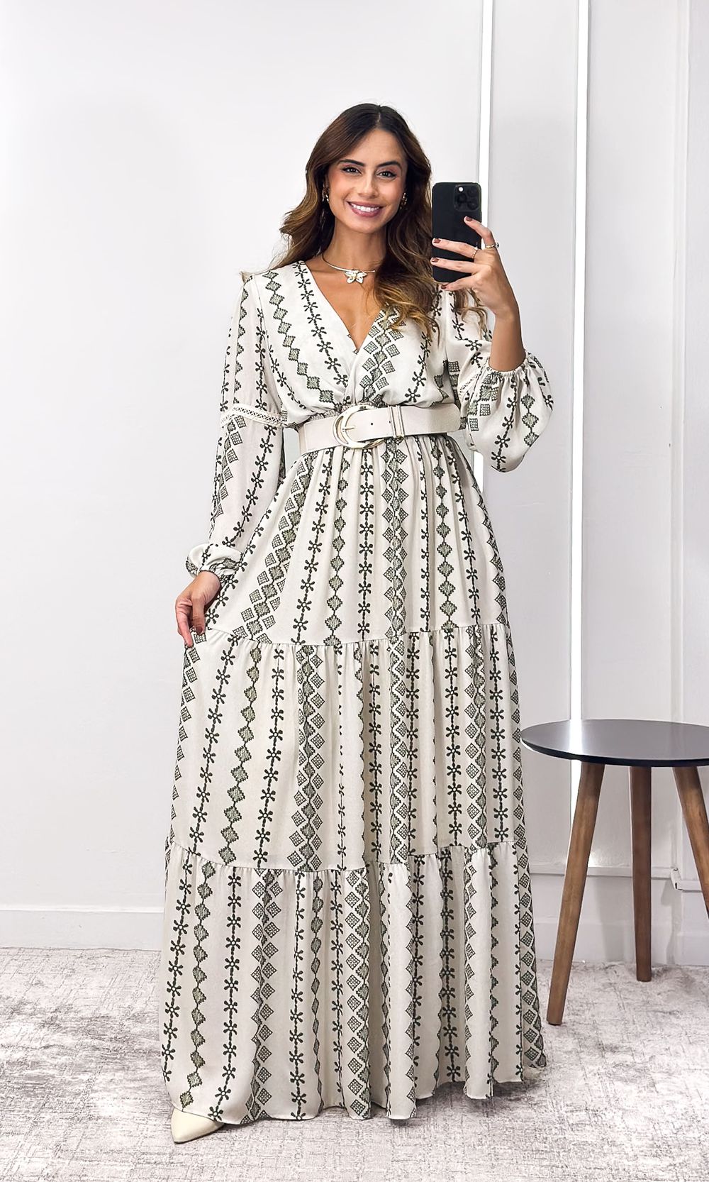 Vestido Longo Geometric com Manga - Off/Verde - Jack Modas, Moda Feminina e Acessórios 
