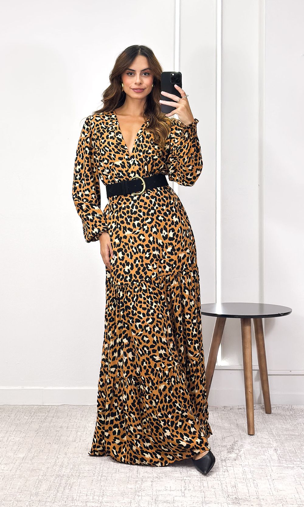 Vestido Linho com Manga Leopardo - Camel - Jack Modas, Moda Feminina e Acessórios 