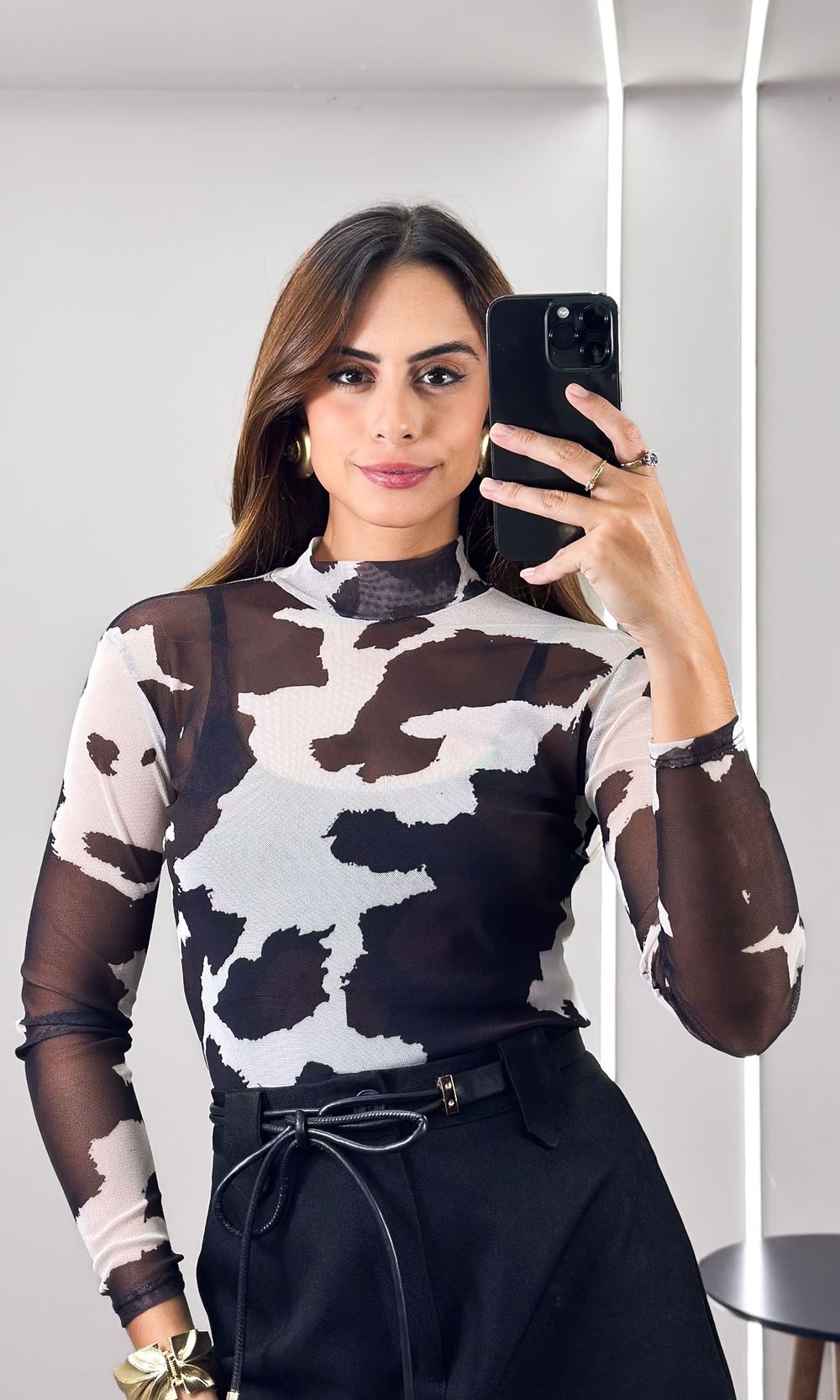 Body Tule Gola Alta Cow Print - Bege/Preto - Jack Modas, Moda Feminina e Acessórios 