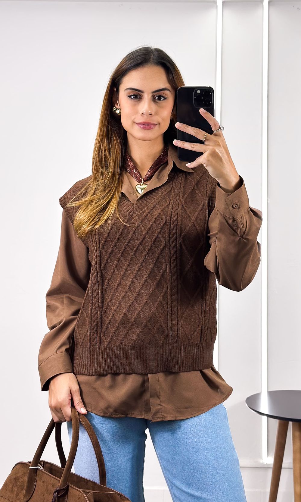 Conjunto Camisa e Colete Tricô - Marrom - Jack Modas, Moda Feminina e Acessórios 