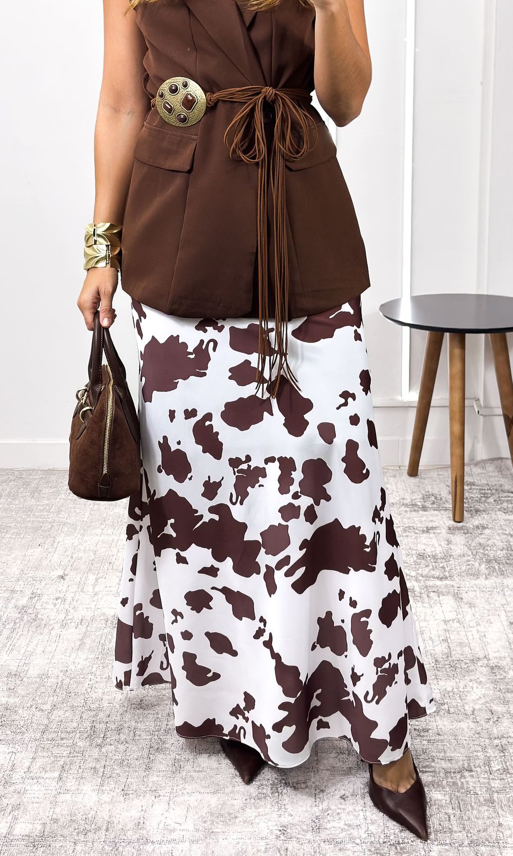 Saia Longa Evasê Cow Print - Branco/Marrom - Jack Modas, Moda Feminina e Acessórios 