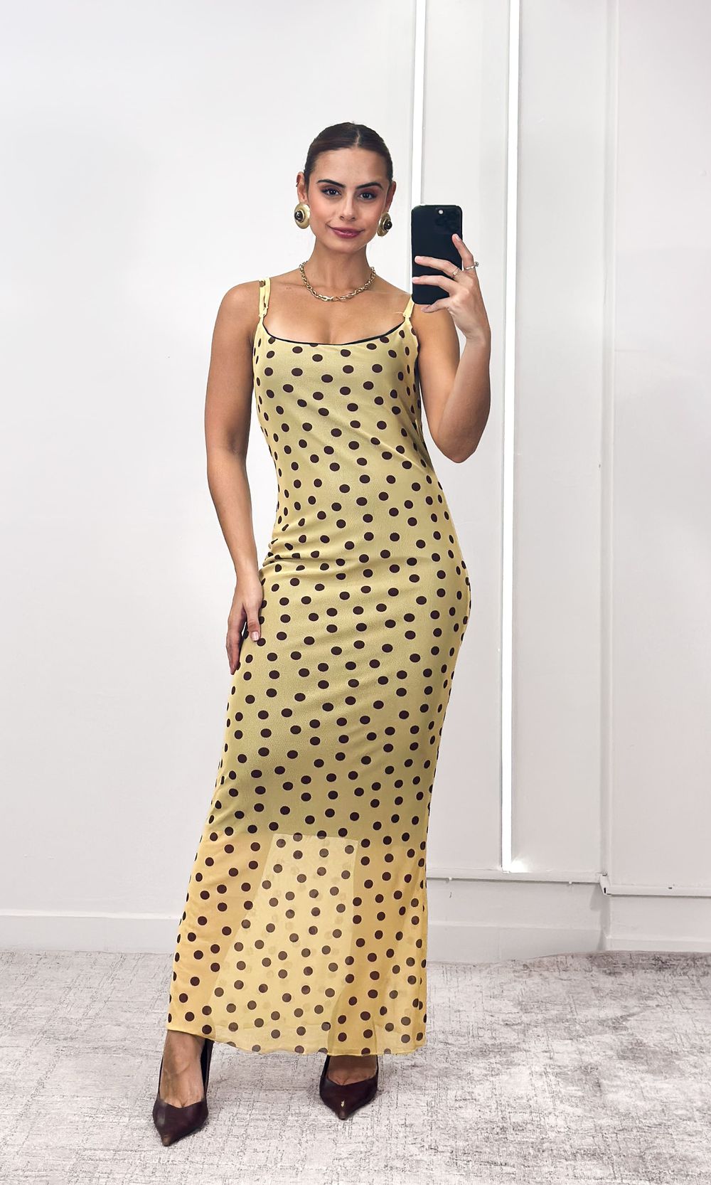 Vestido Reto Tule Poá - Amarelo/Marrom - Jack Modas, Moda Feminina e Acessórios 