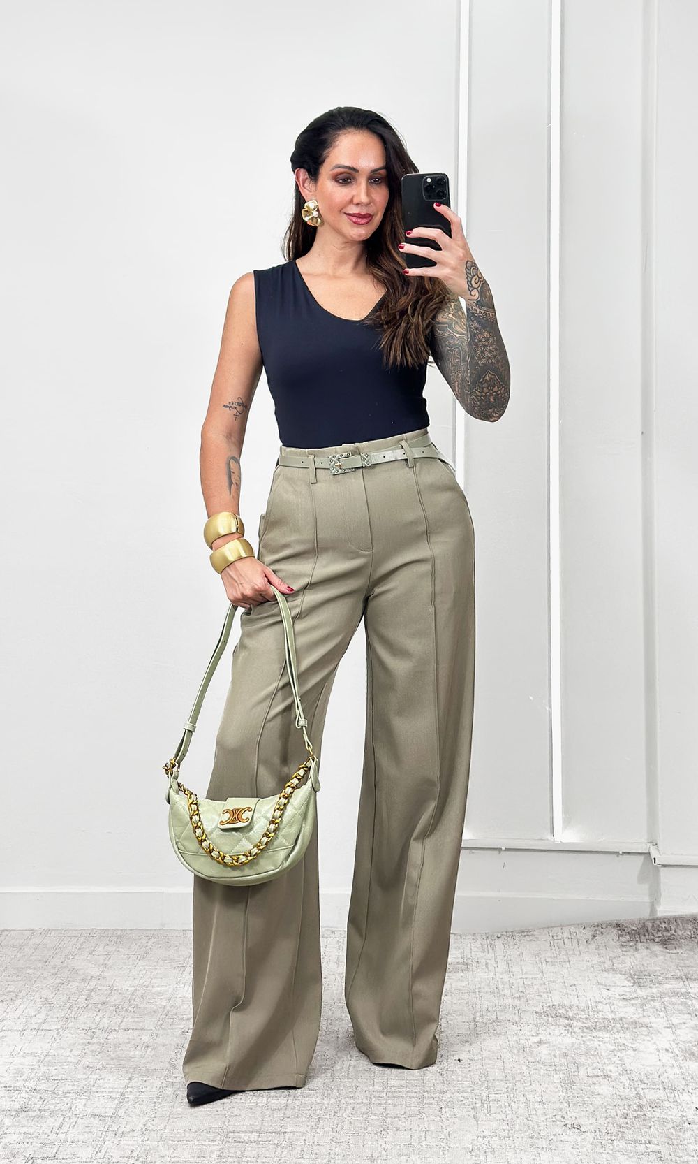 Calça Wide Leg Cinto Taxas - Verde Sálvia - Jack Modas, Moda Feminina e Acessórios 