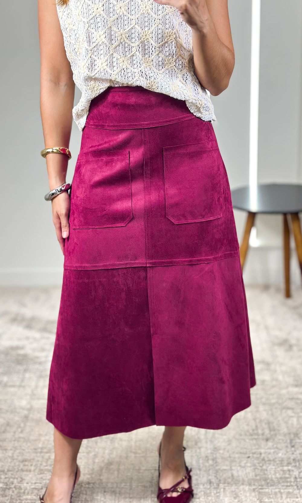 Saia Suede Midi com Bolsos - Marsala - Jack Modas, Moda Feminina e Acessórios 