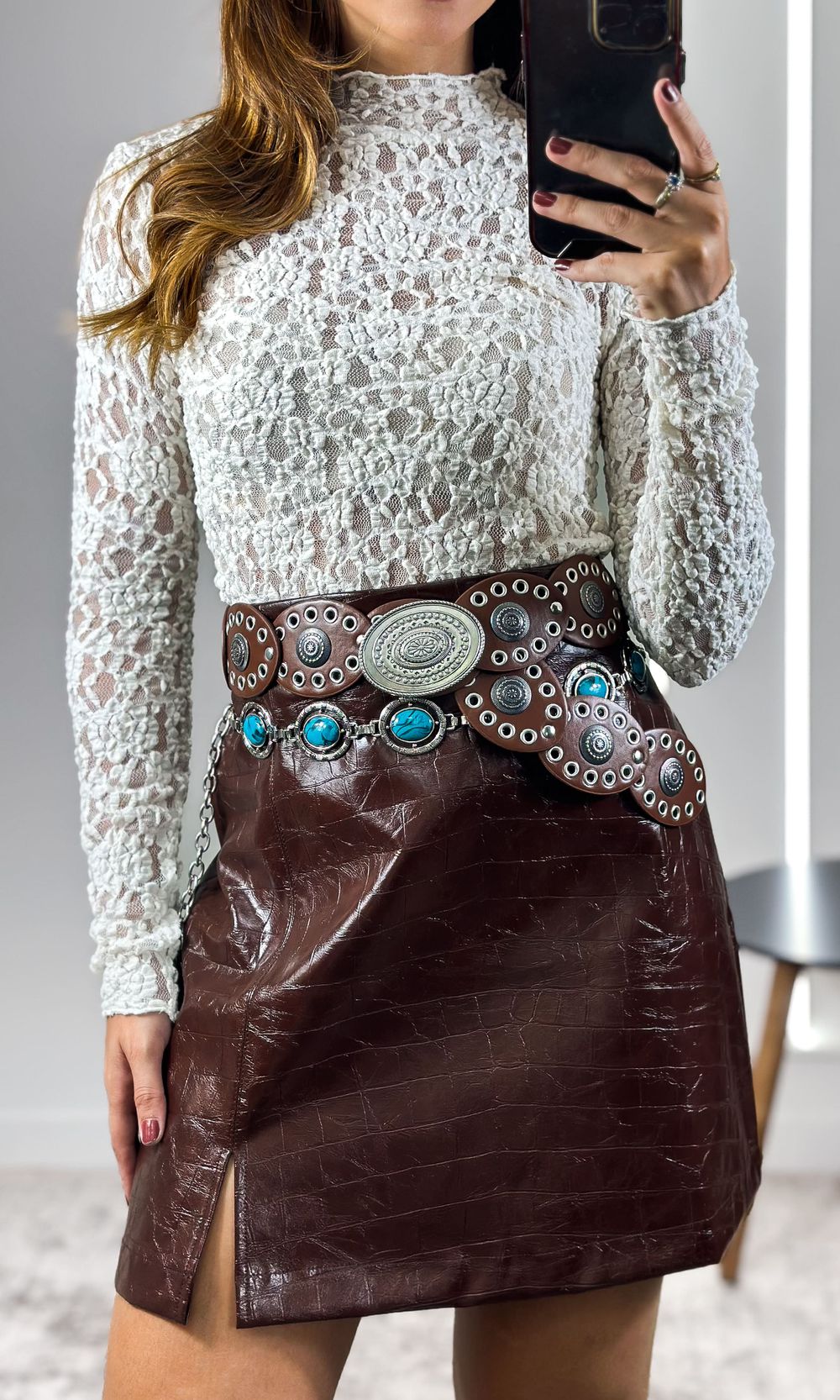 Saia Curta em Couro Texturizado - Marrom Escuro - Jack Modas, Moda Feminina e Acessórios 