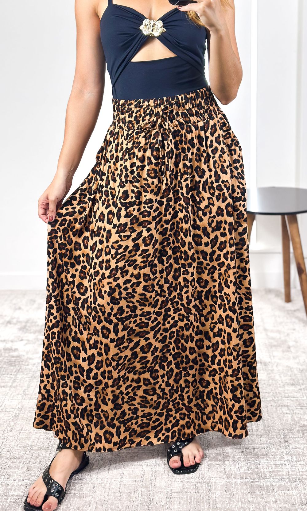 Saia Midi Godê Animal Print Onça - Marrom