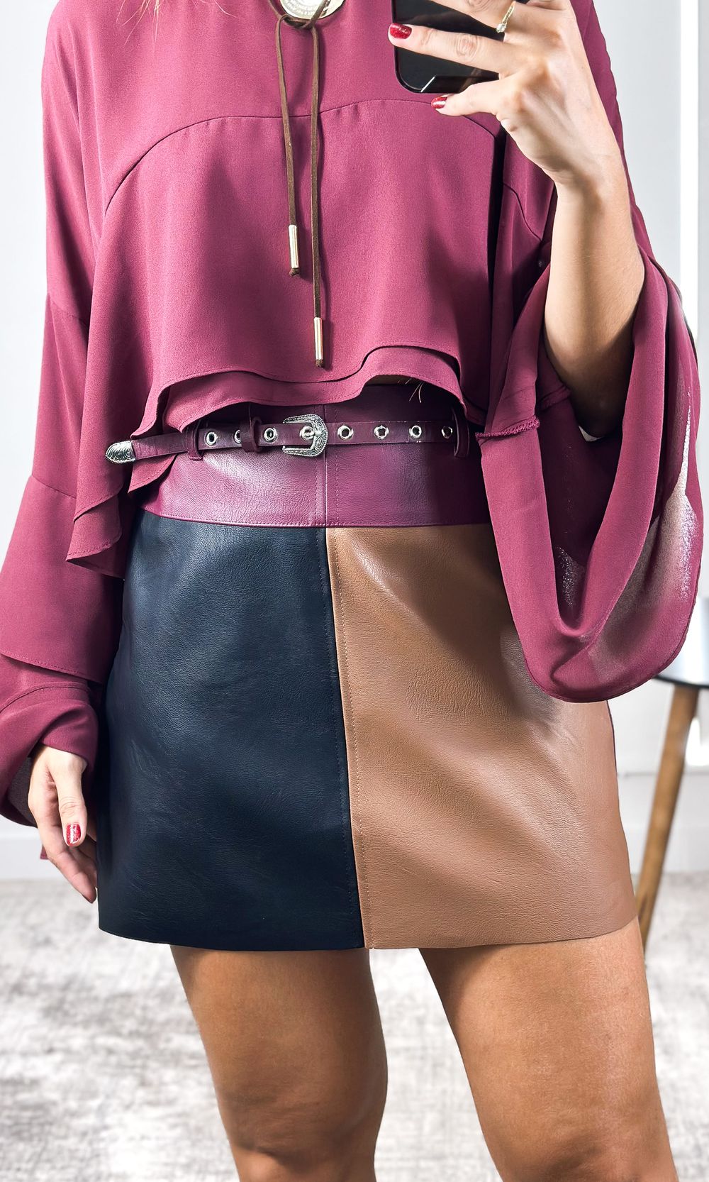 Saia Courino Tricolor com Cinto - Bordô/Preto/Marr... - Jack Modas, Moda Feminina e Acessórios 