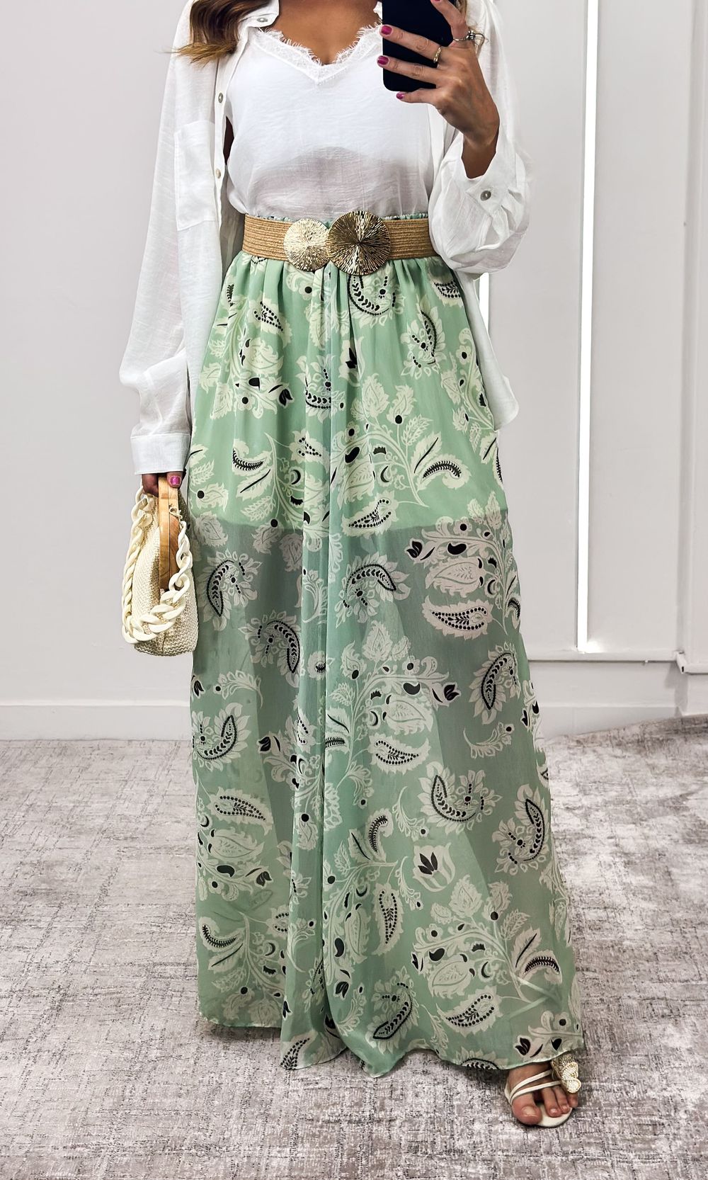 Calça Pantalona Chiffon Paisley - Verde Claro - Jack Modas, Moda Feminina e Acessórios 