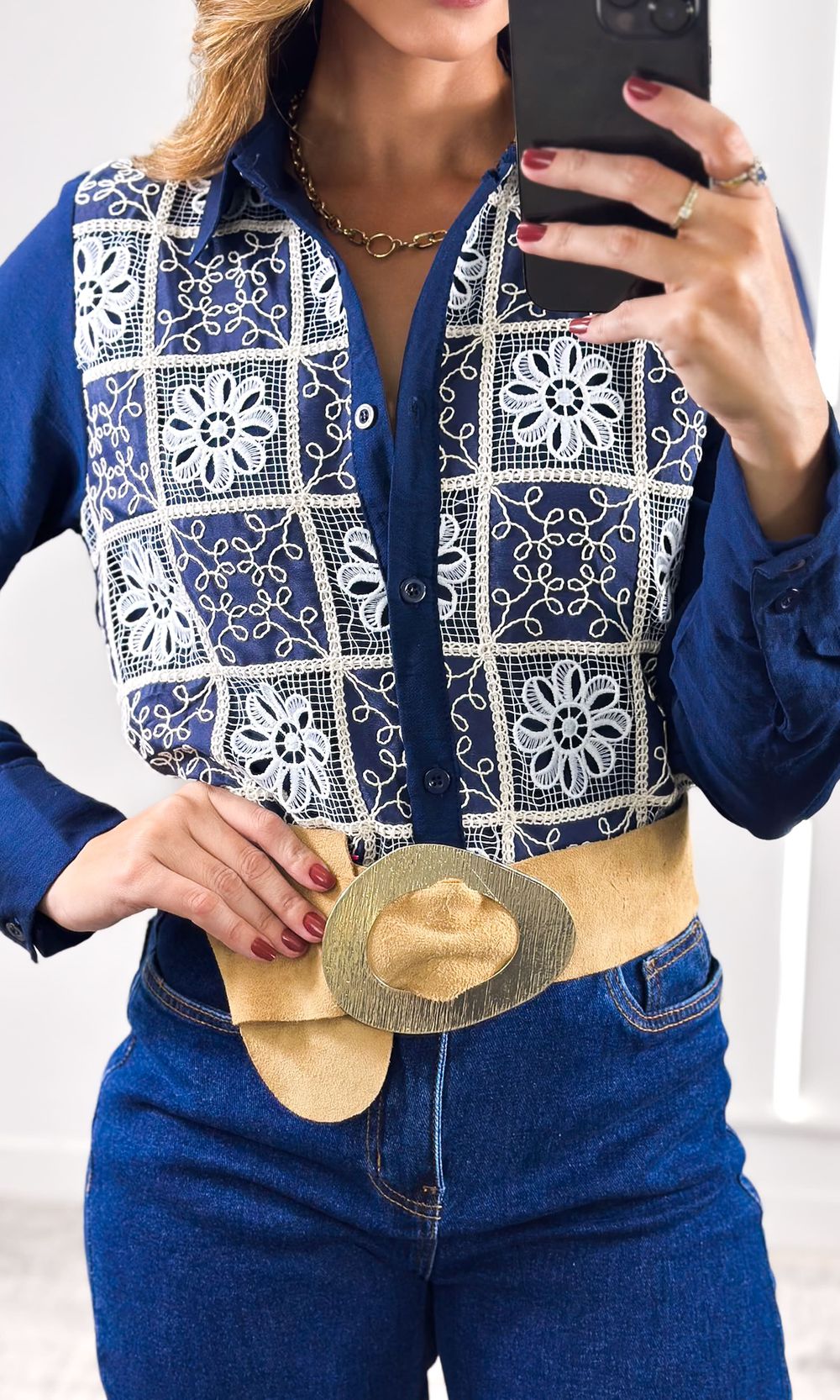 Camisa Bordado Quadriculado - Azul Marinho - Jack Modas, Moda Feminina e Acessórios 