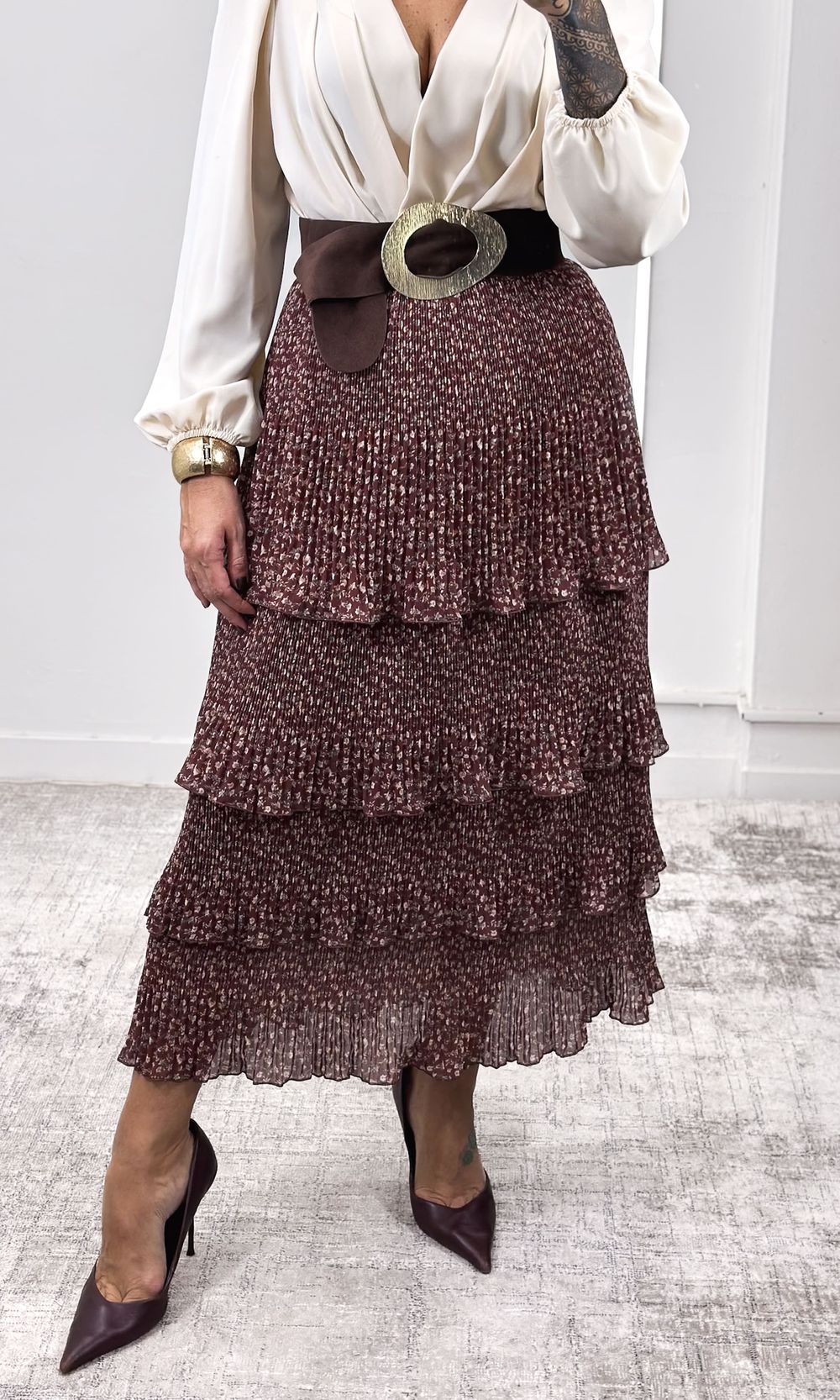 Saia Plissada Camadas Liberty - Marrom - Jack Modas, Moda Feminina e Acessórios 