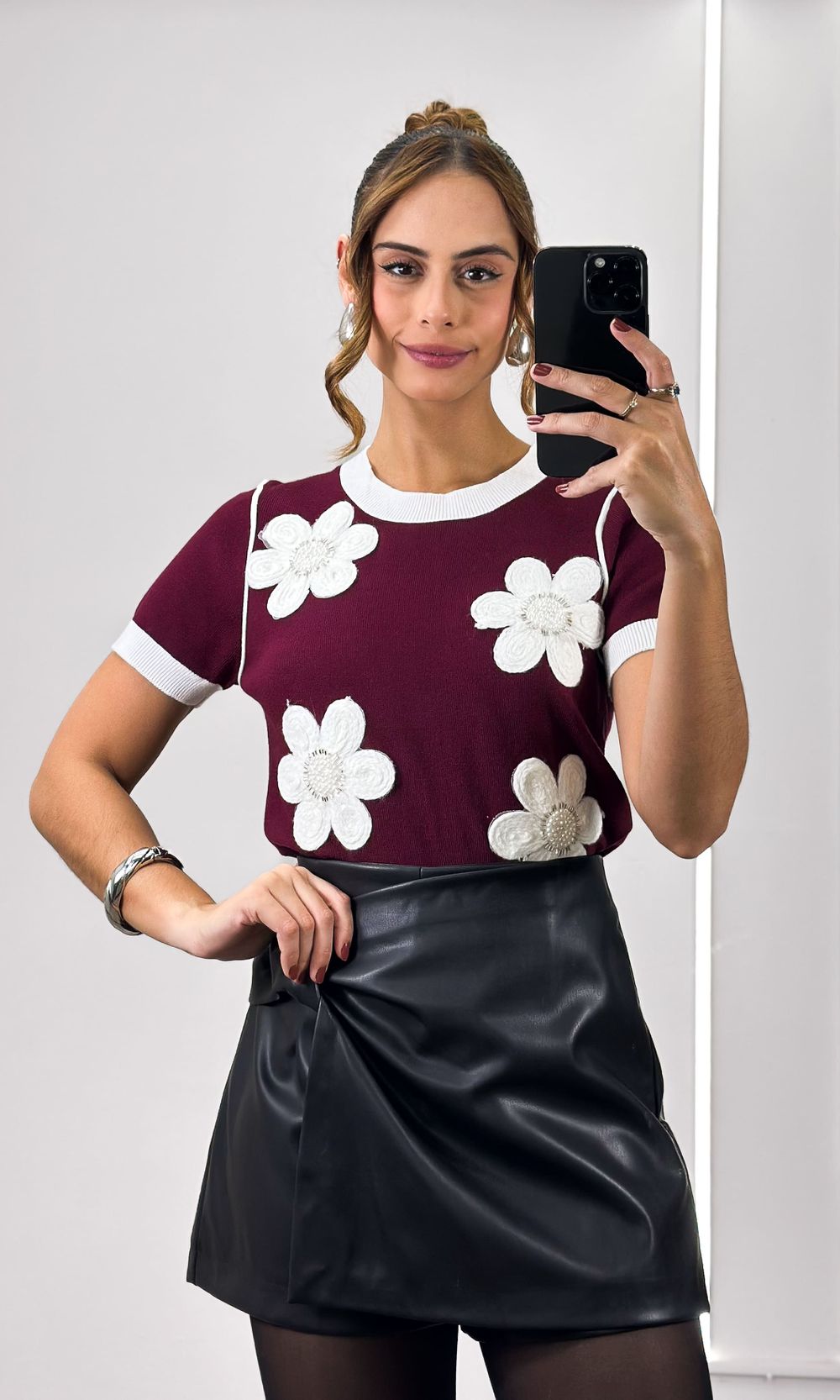 Blusa Tricô Modal Flores Crochê - Marsala