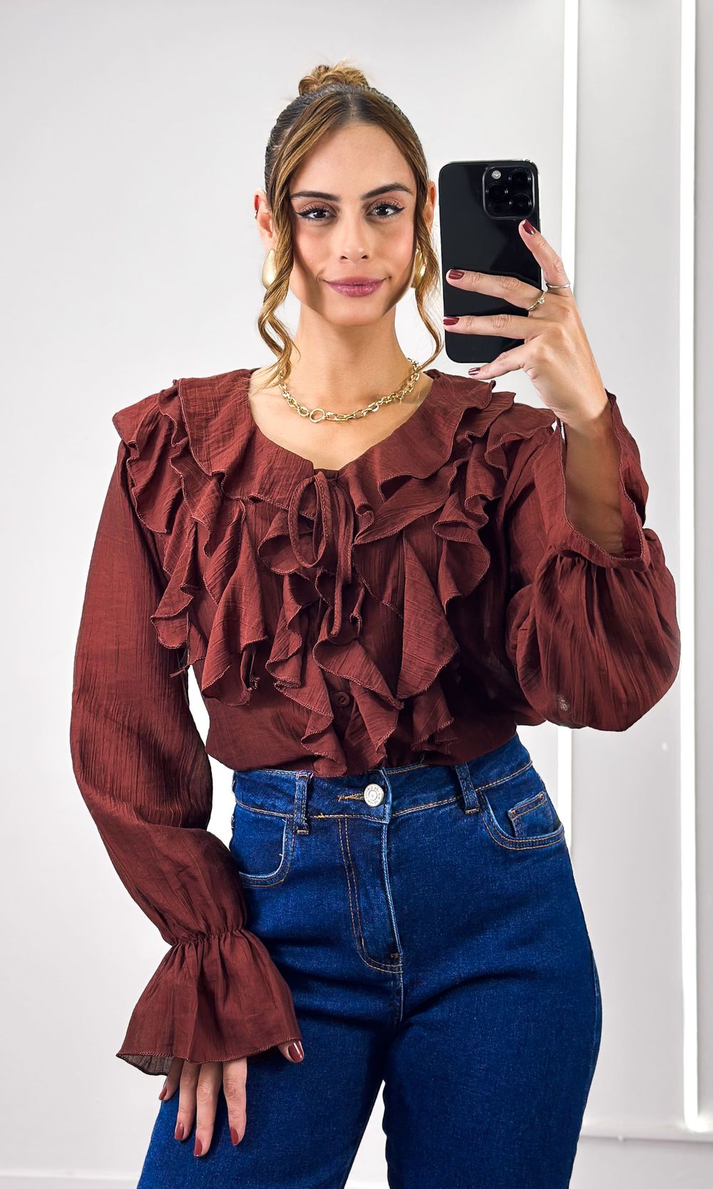 Camisa Crepe com Babados - Marrom - Jack Modas, Moda Feminina e Acessórios 