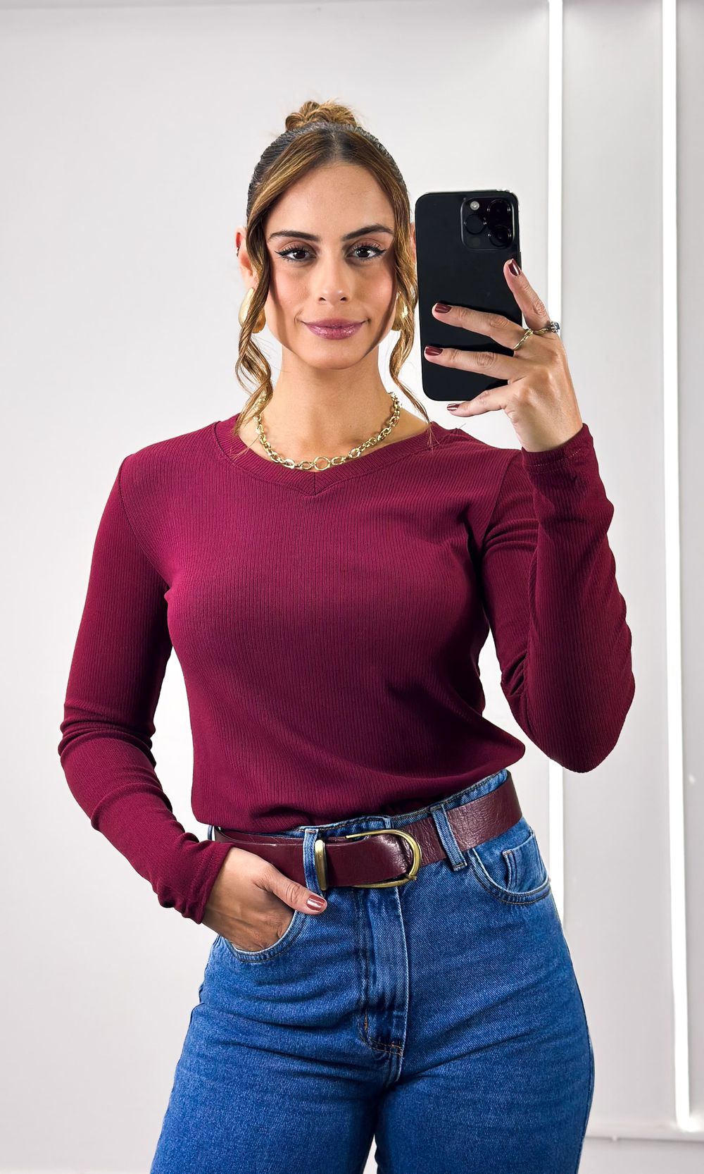 Blusa Flanelada Gola V - Marsala - Jack Modas, Moda Feminina e Acessórios 
