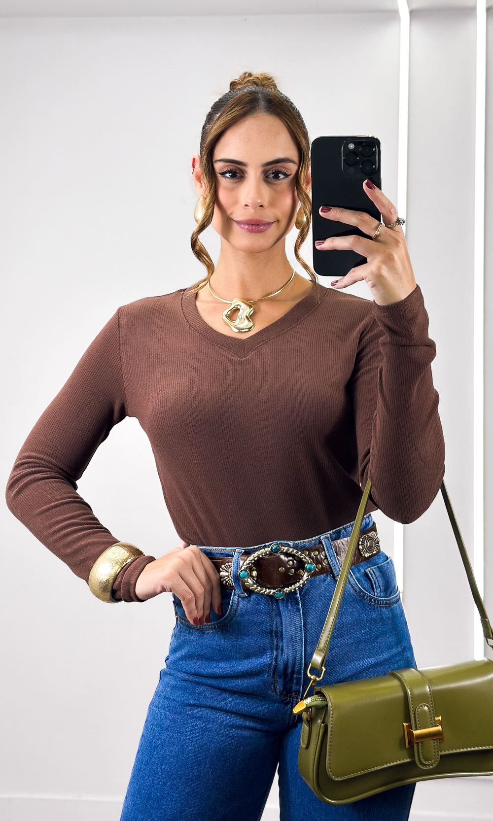 Blusa Flanelada Gola V - Marrom