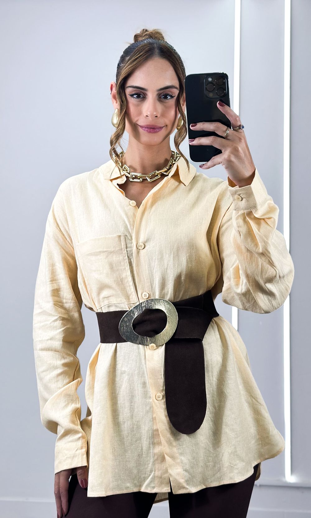 Camisa Linho Alongada com Bolso - Amarelo