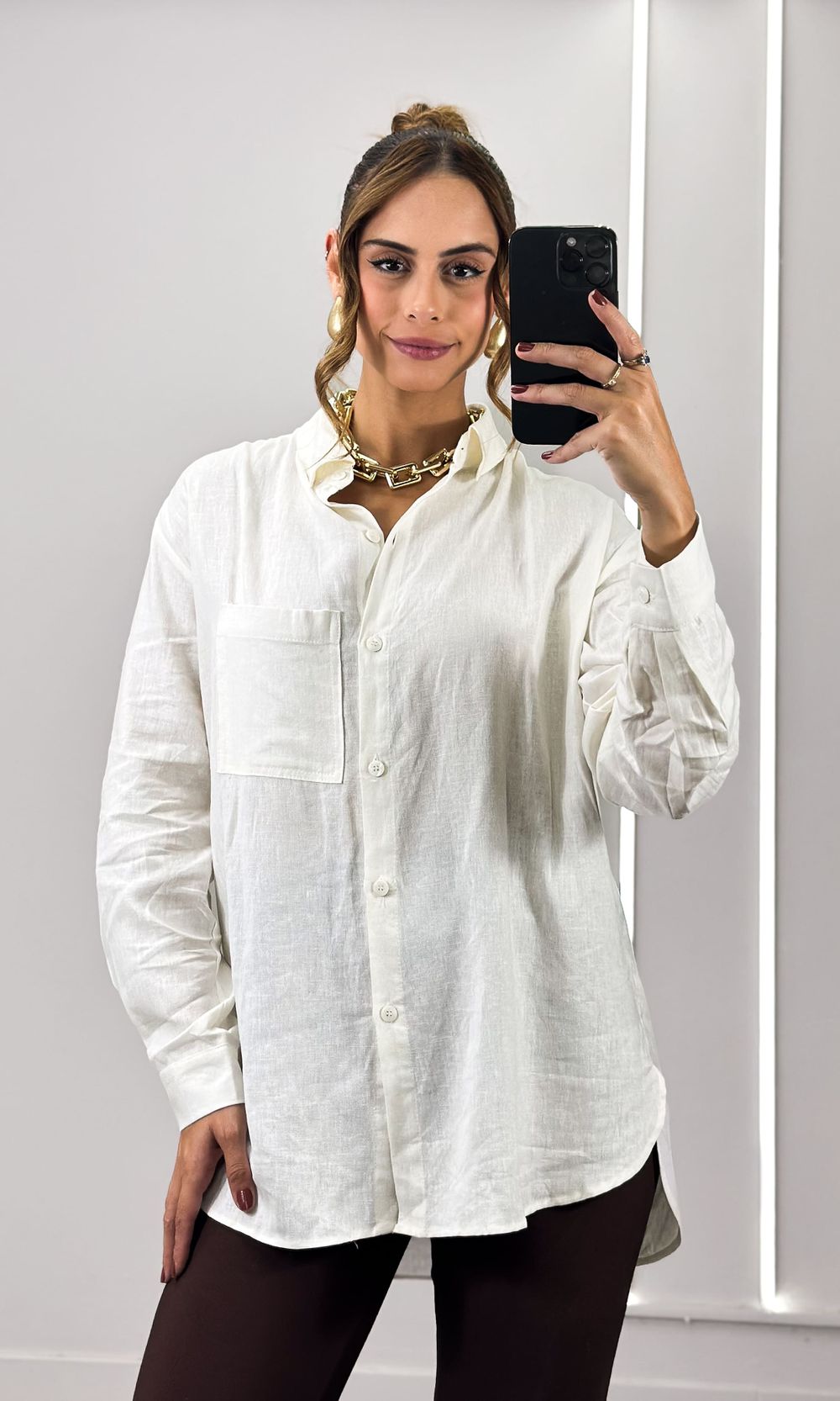 Camisa Linho Alongada com Bolso - Branco