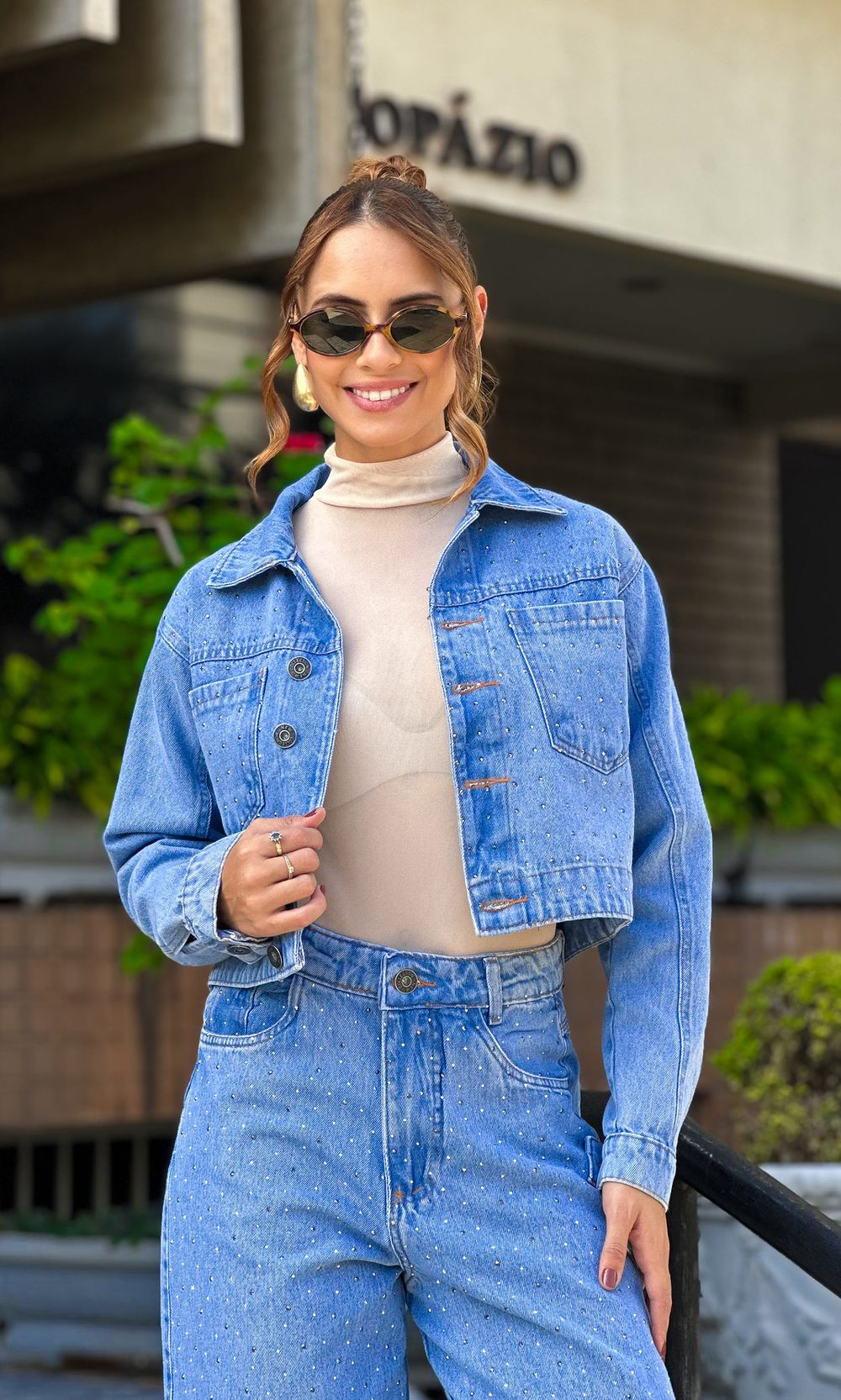 Jaqueta Jeans Strass - Azul