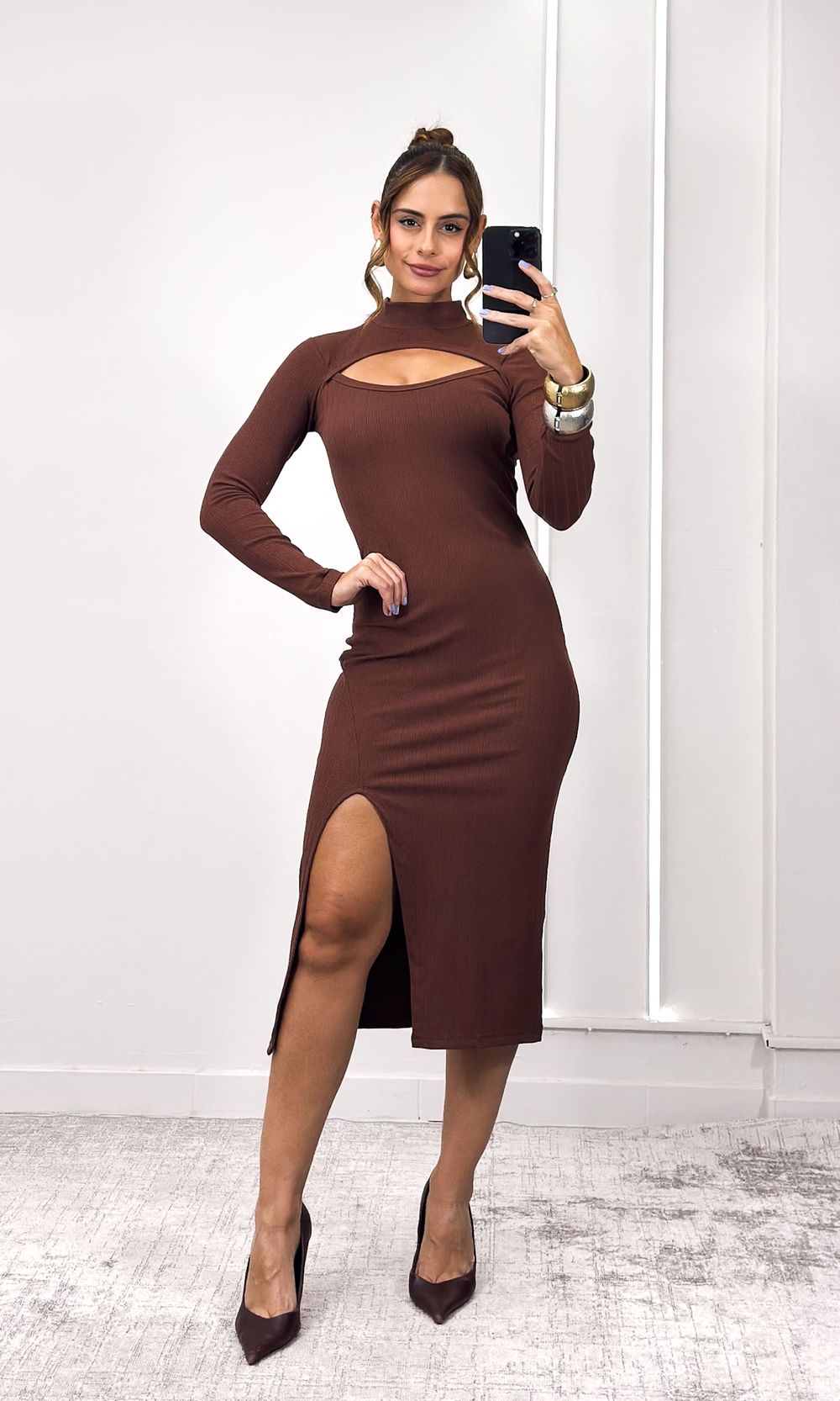 Vestido Canelado Cut Out - Marrom
