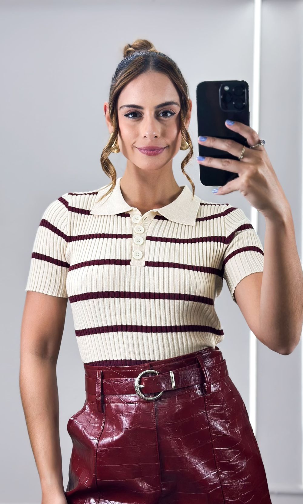 Blusa Polo Tricô Modal Listrada - Bege/Bordô
