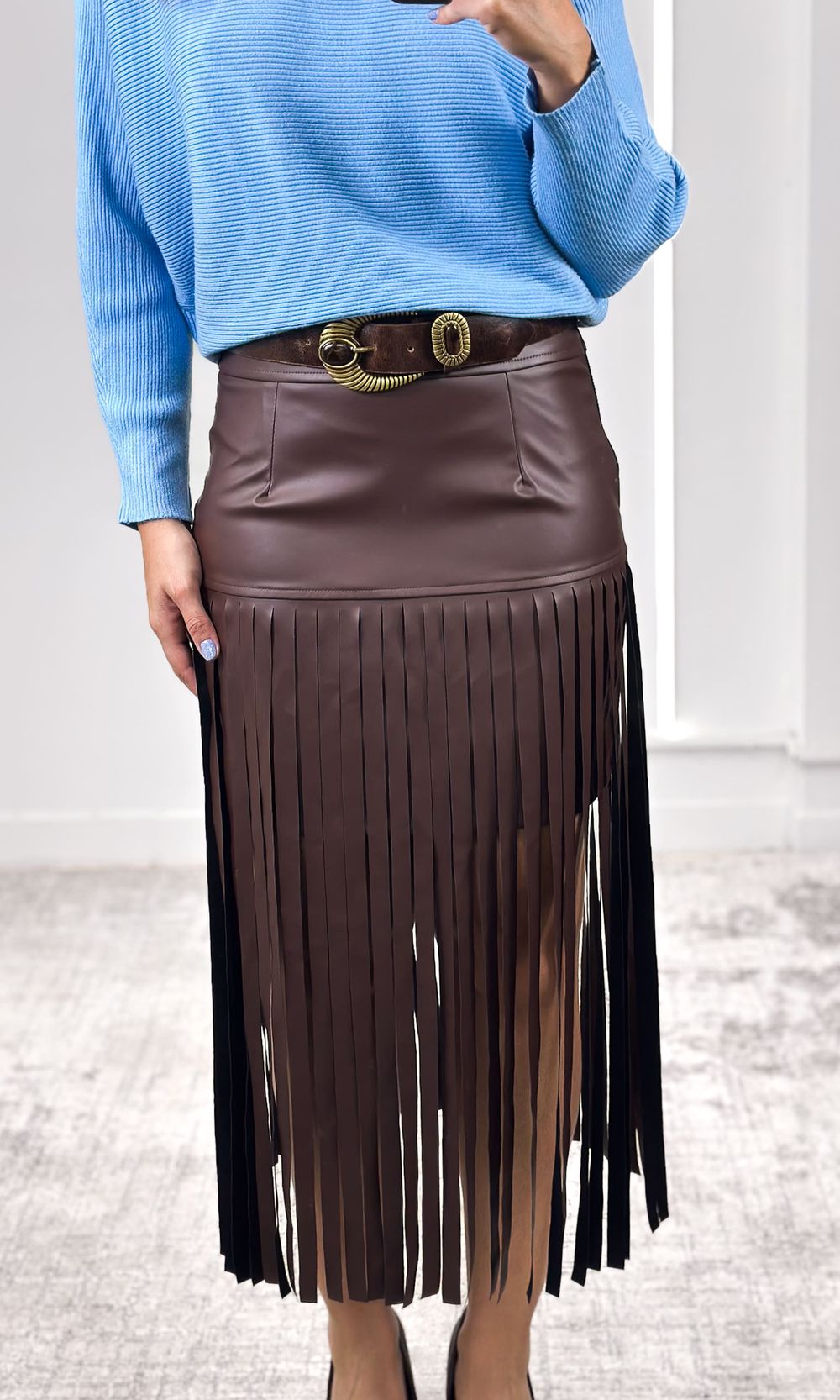 Saia Courino Franjas - Marrom - Jack Modas, Moda Feminina e Acessórios 