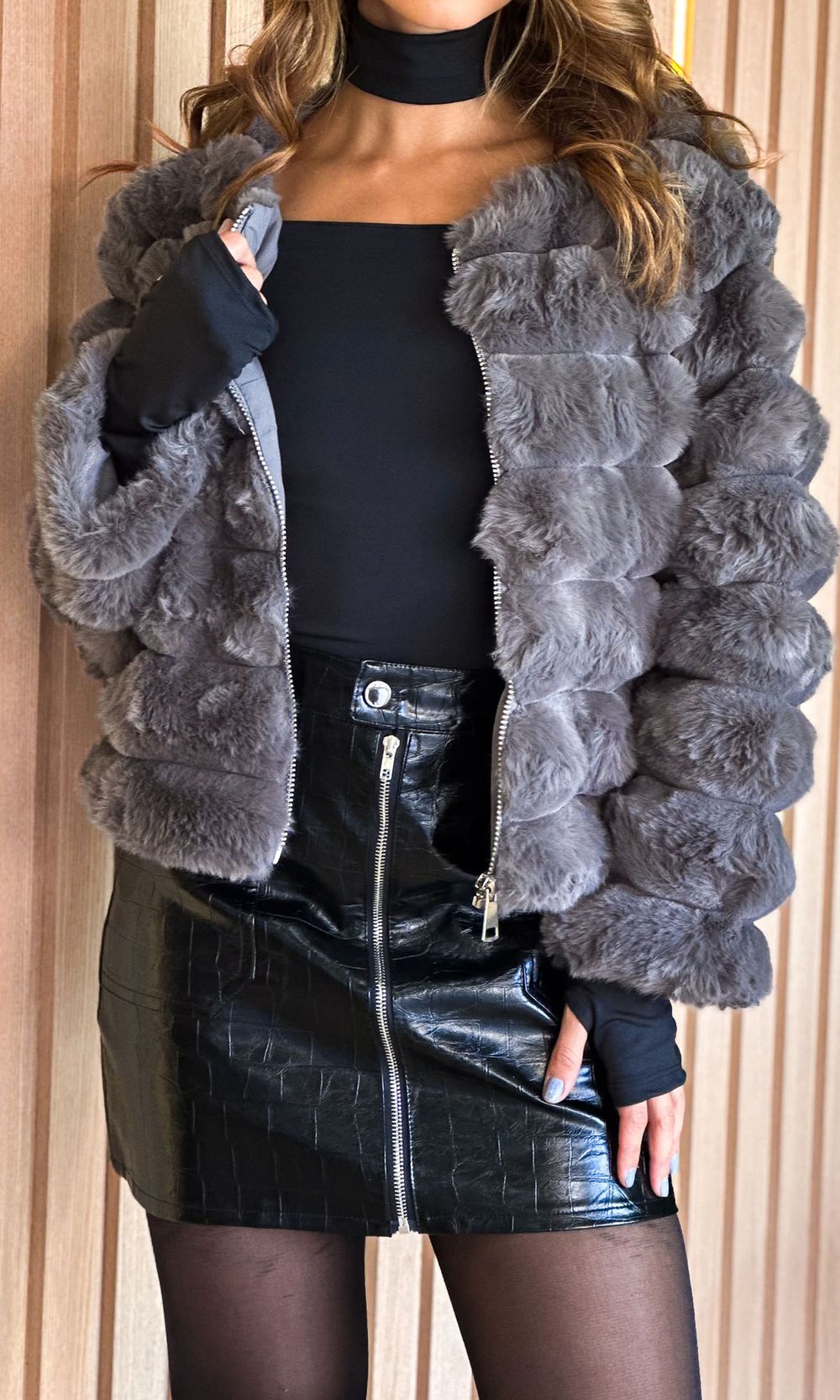 Saia Courino Croco Zíper - Preto