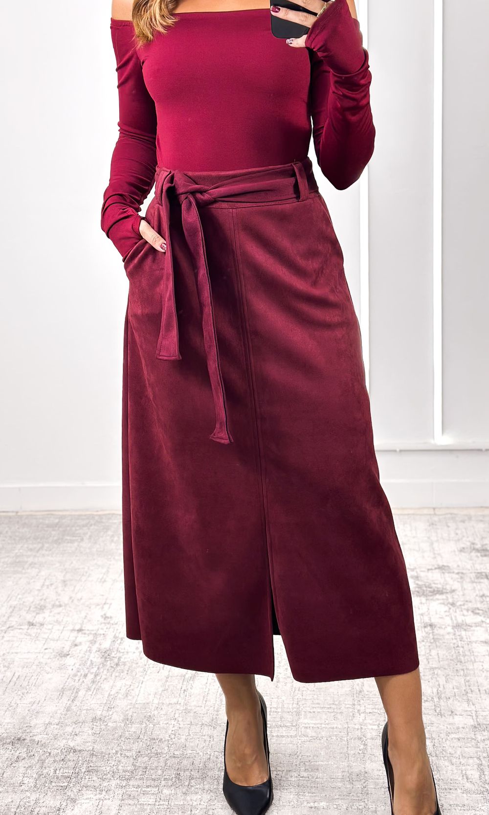 Saia Midi Reta Suede - Bordô - Jack Modas, Moda Feminina e Acessórios 