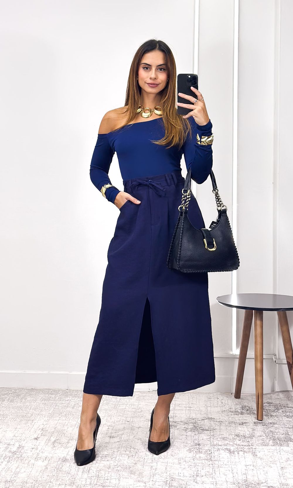 Saia Midi Godê Janine - Azul Marinho