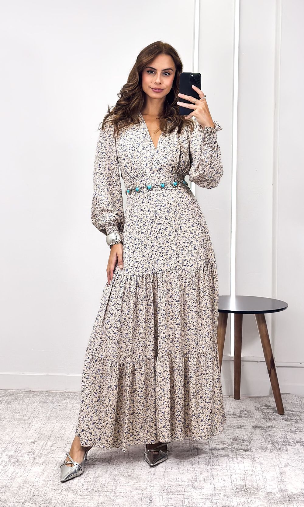 Vestido Linho com Manga Liberty - Bege/Azul - Jack Modas, Moda Feminina e Acessórios 