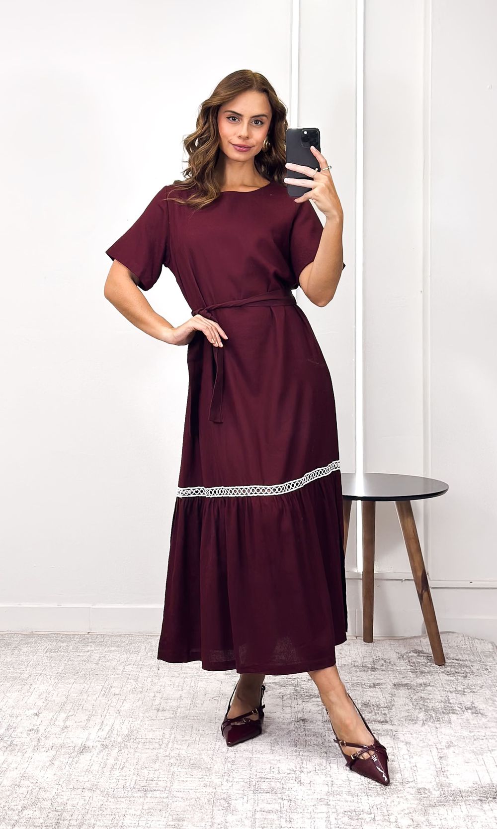 Vestido Linho com Guipir - Bordô - Jack Modas, Moda Feminina e Acessórios 