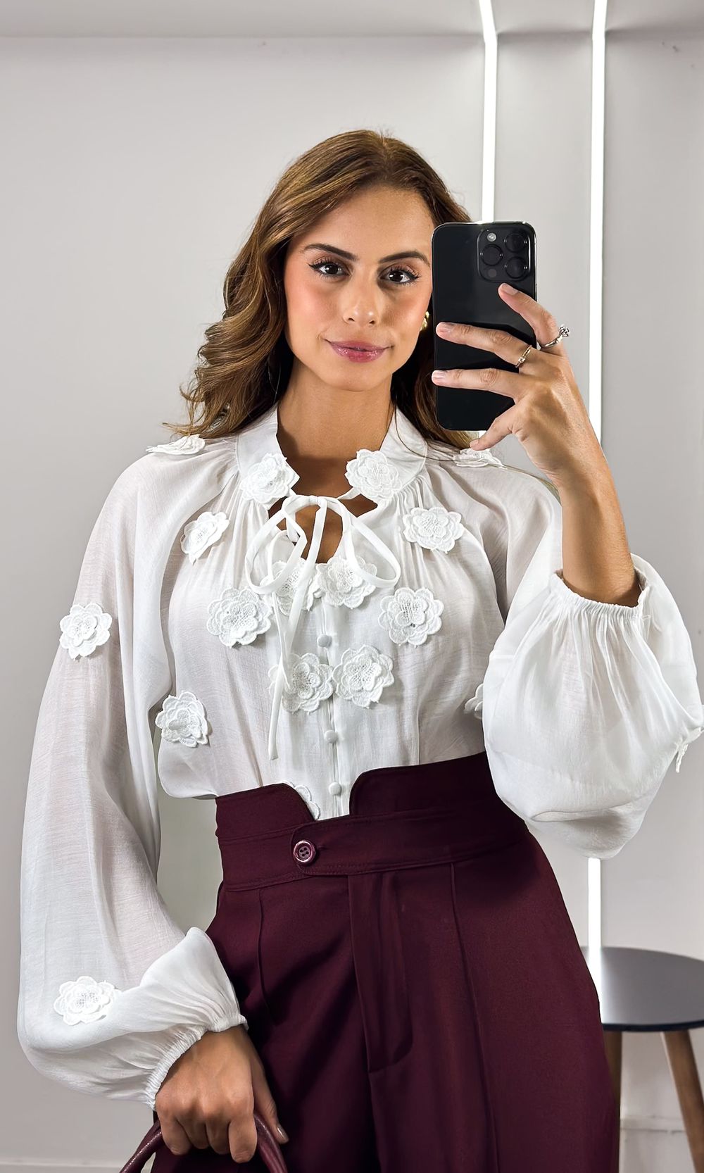 Camisa Translúcida Floral - Branco