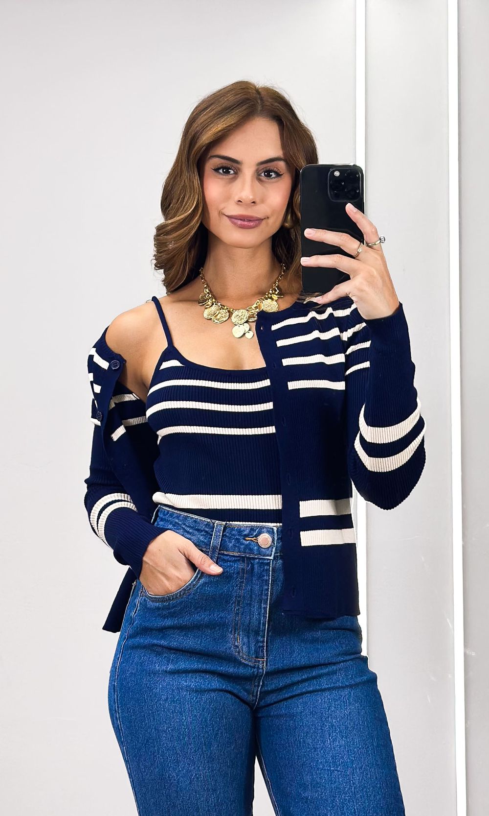 Conjunto Tricô Listrado Casaco e Regata - Azul/Off - Jack Modas, Moda Feminina e Acessórios 