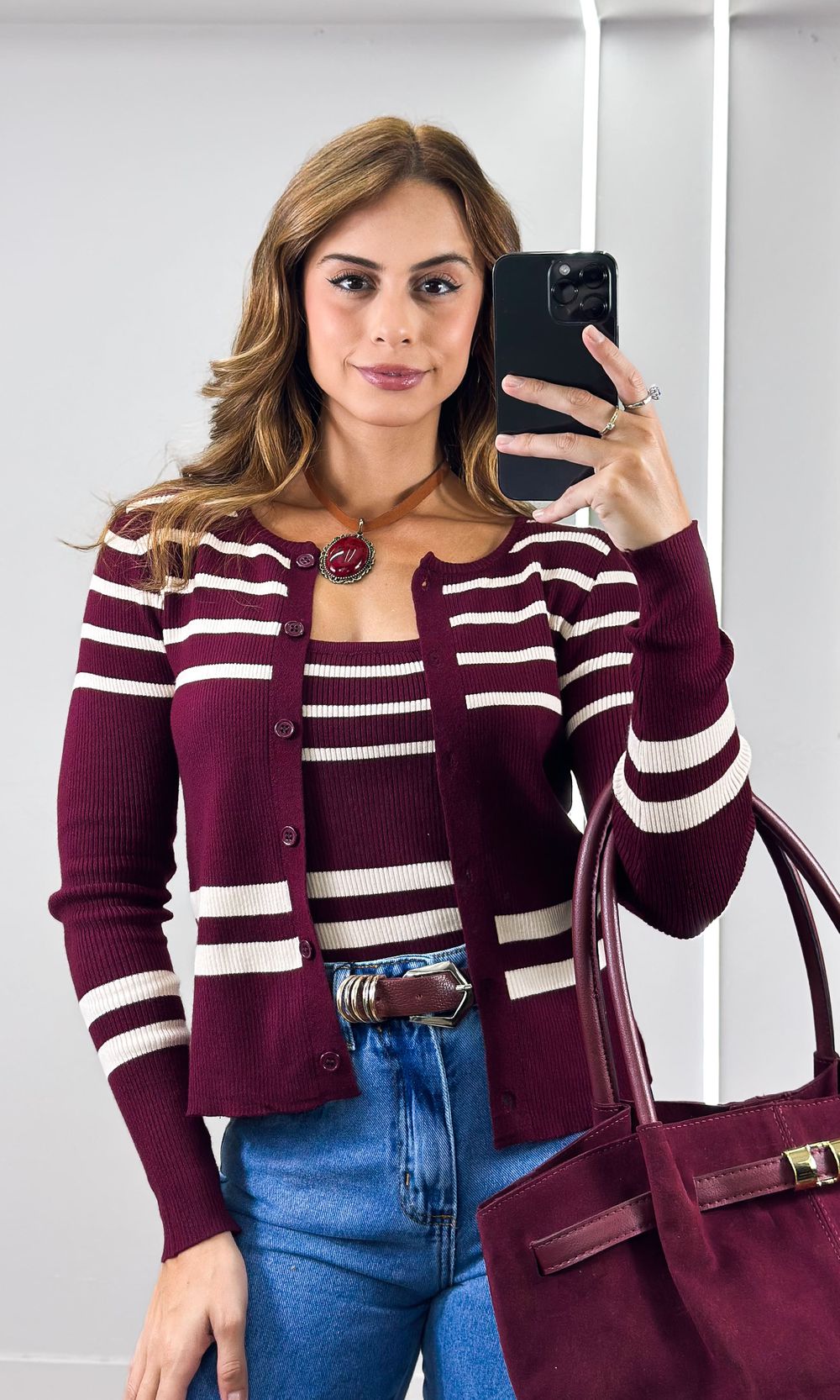 Conjunto Tricô Listrado Casaco e Regata - Bordô/Of... - Jack Modas, Moda Feminina e Acessórios 
