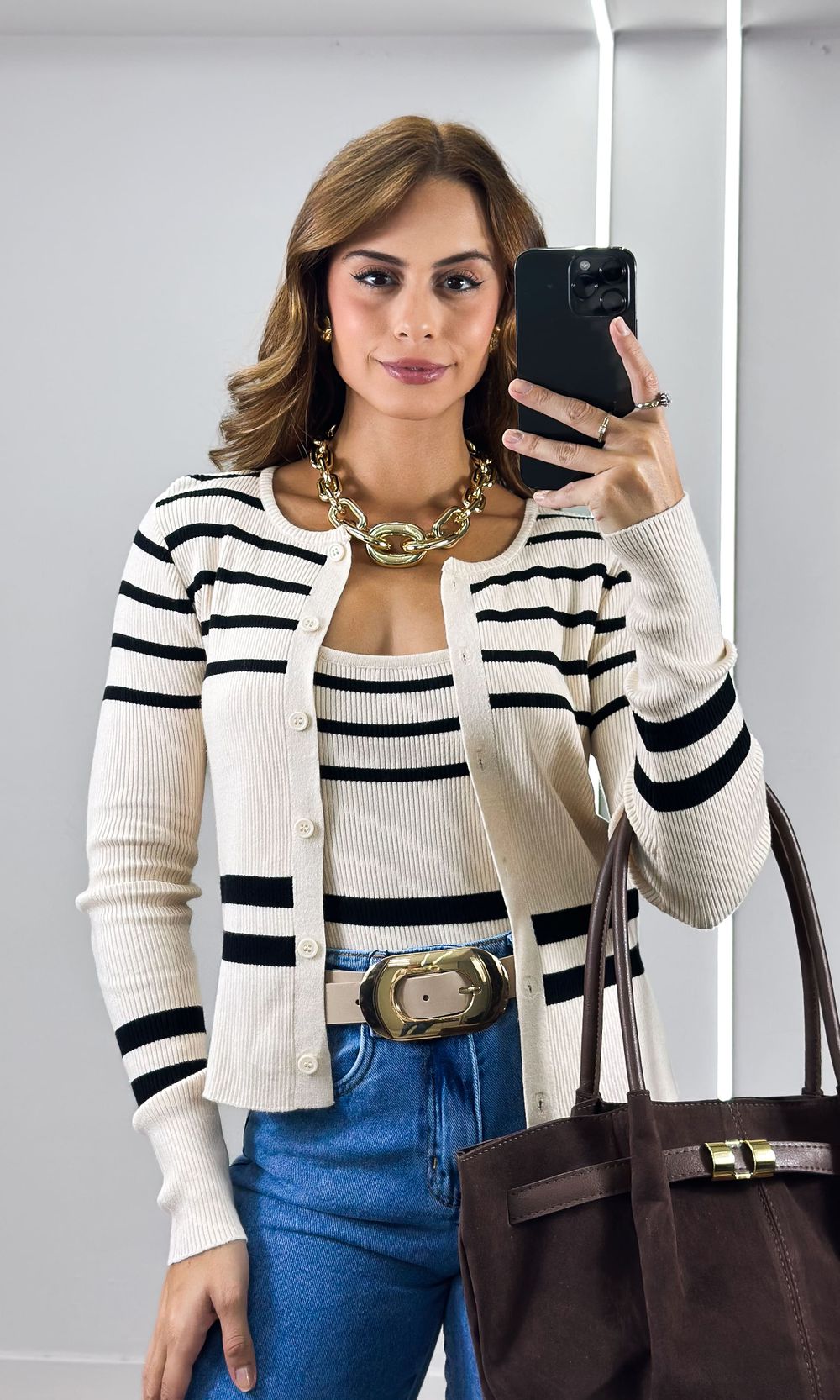 Conjunto Tricô Listrado Casaco e Regata - Off/Pret... - Jack Modas, Moda Feminina e Acessórios 