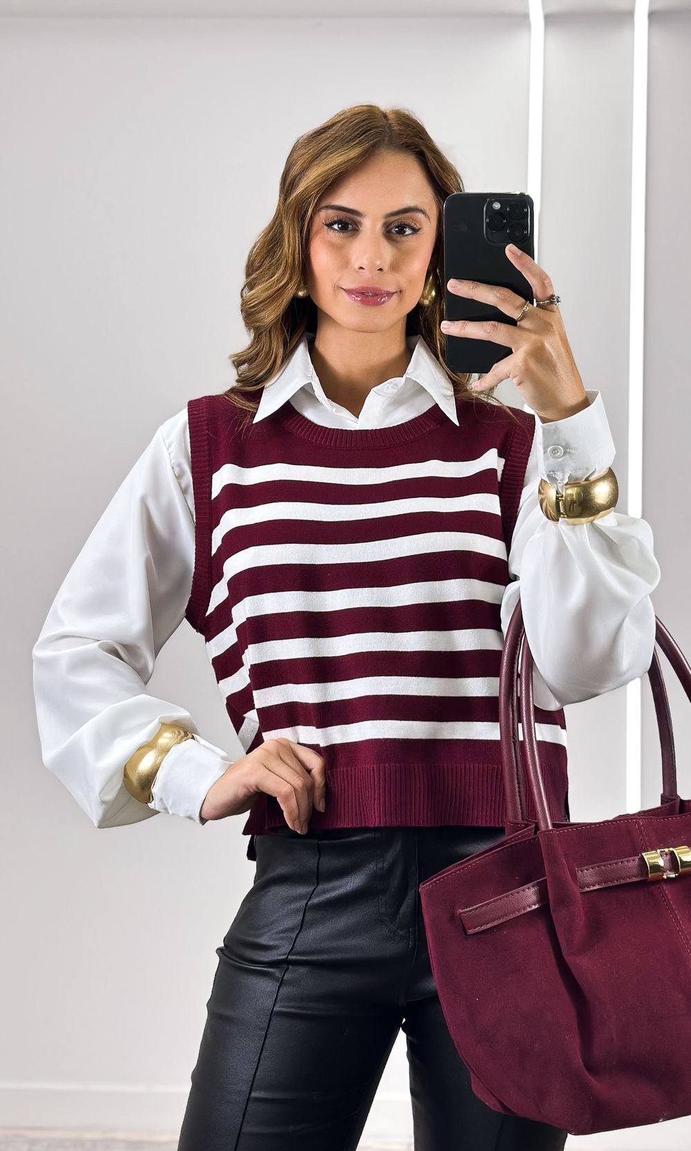 Conjunto Camisa e Colete Listrado - Marsala/Branco - Jack Modas, Moda Feminina e Acessórios 