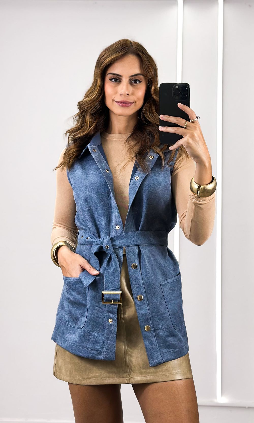 Colete Alongado Suede com Cinto - Azul - Jack Modas, Moda Feminina e Acessórios 