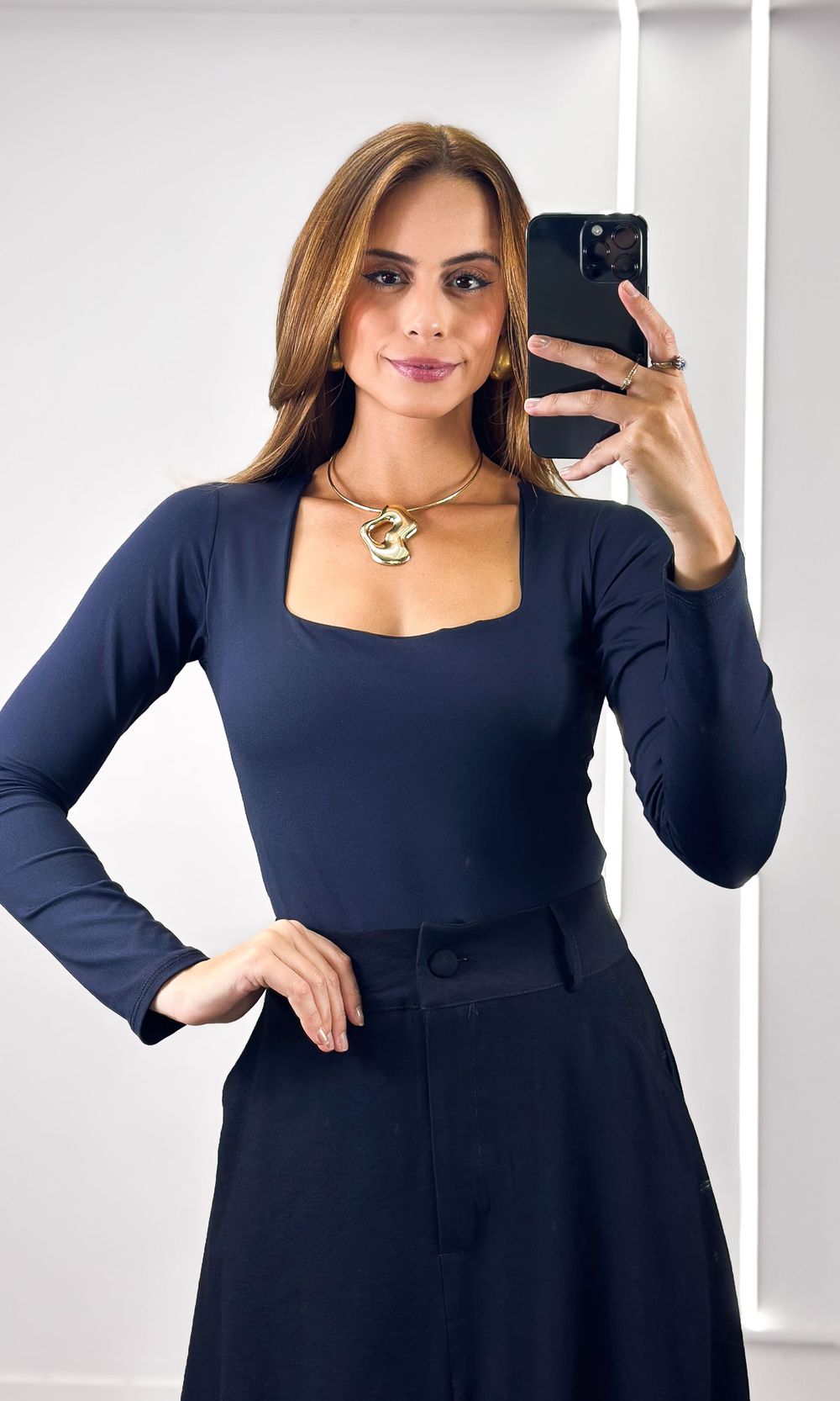 Body Poliamida Decote Quadrado Manga - Preto