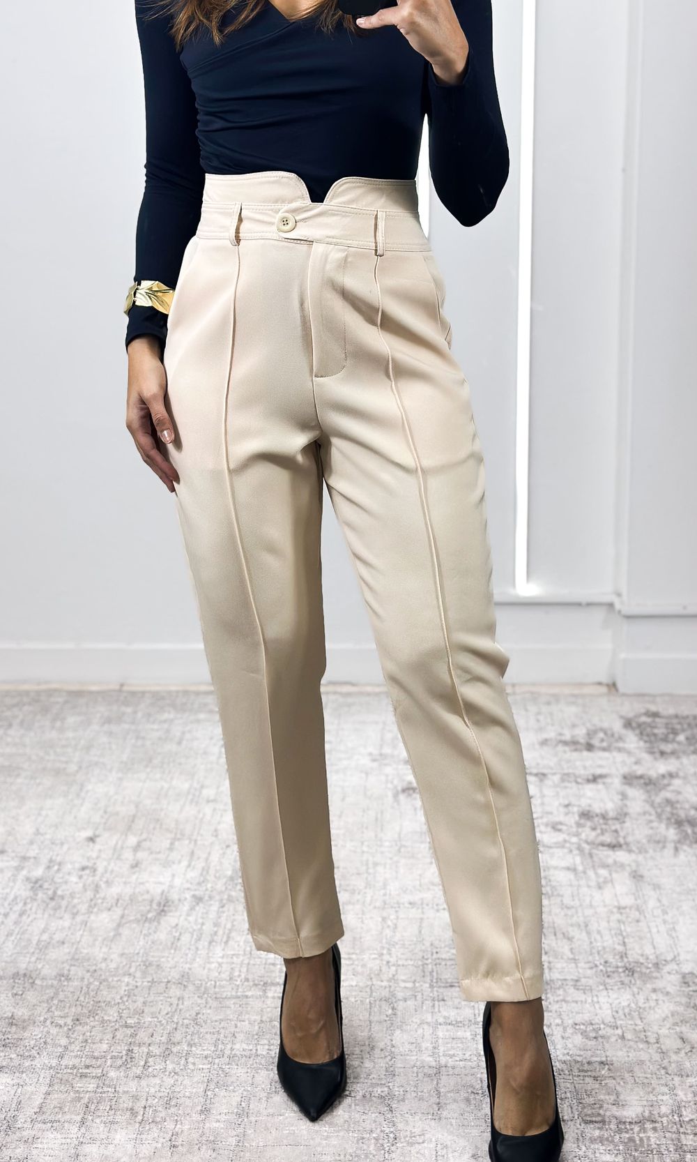 Calça Alfaiataria Skinny Cós Largo - Bege