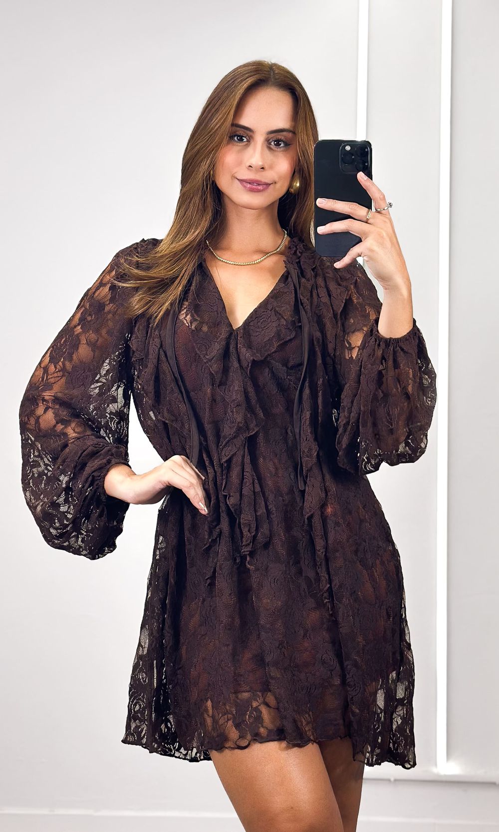Vestido Rendado Decote Babado - Marrom - Jack Modas, Moda Feminina e Acessórios 