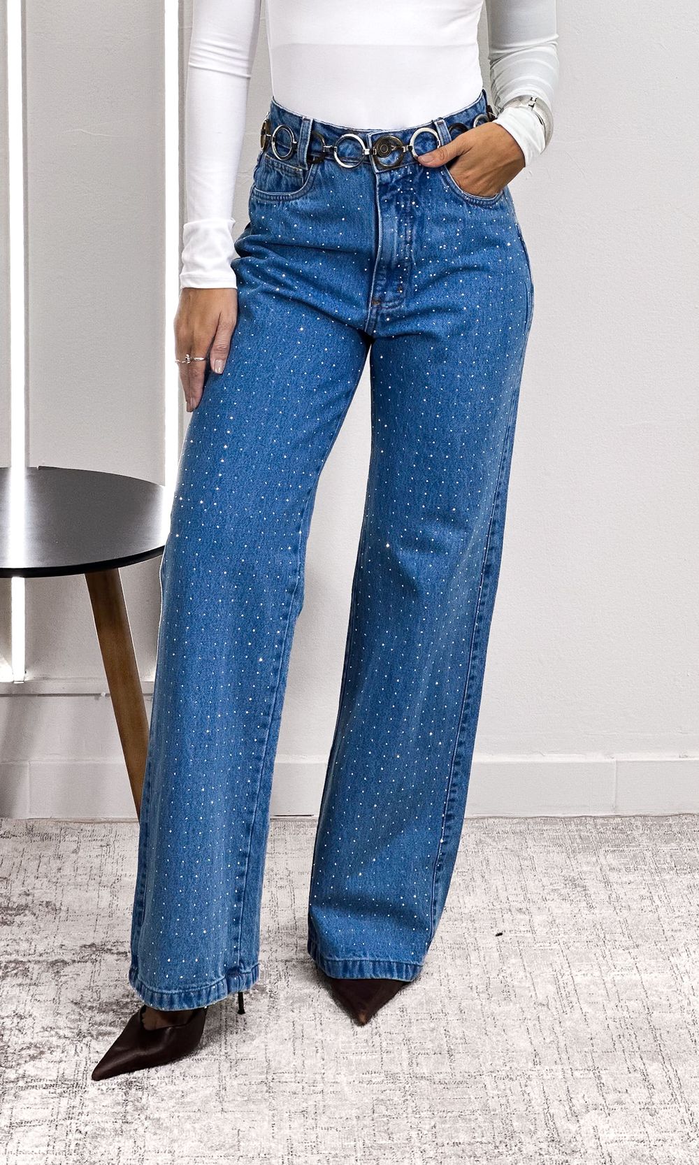 Calça Jeans Wide Leg com Brilho - Azul Claro - Jack Modas, Moda Feminina e Acessórios 