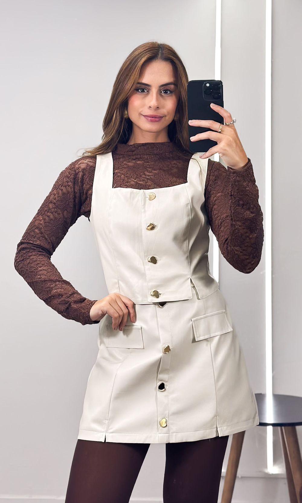 Conjunto Courino Saia e Blusa Botões - Bege Claro - Jack Modas, Moda Feminina e Acessórios 