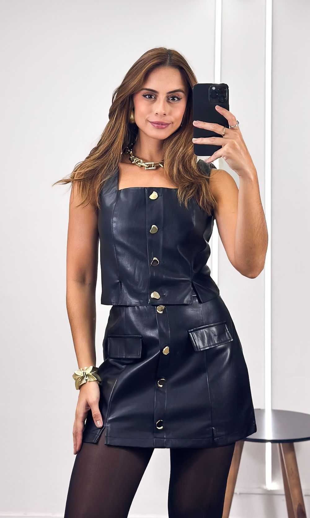 Conjunto Courino Saia e Blusa Botões - Preto - Jack Modas, Moda Feminina e Acessórios 