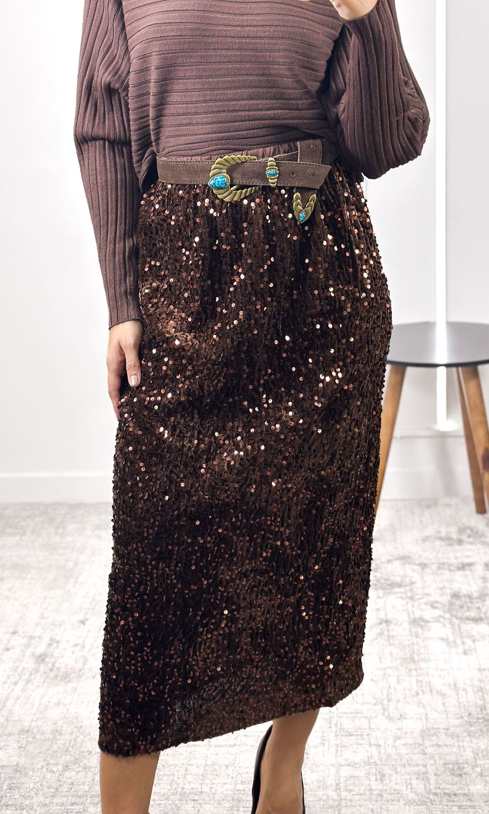 Saia Midi Paetês - Marrom - Jack Modas, Moda Feminina e Acessórios 