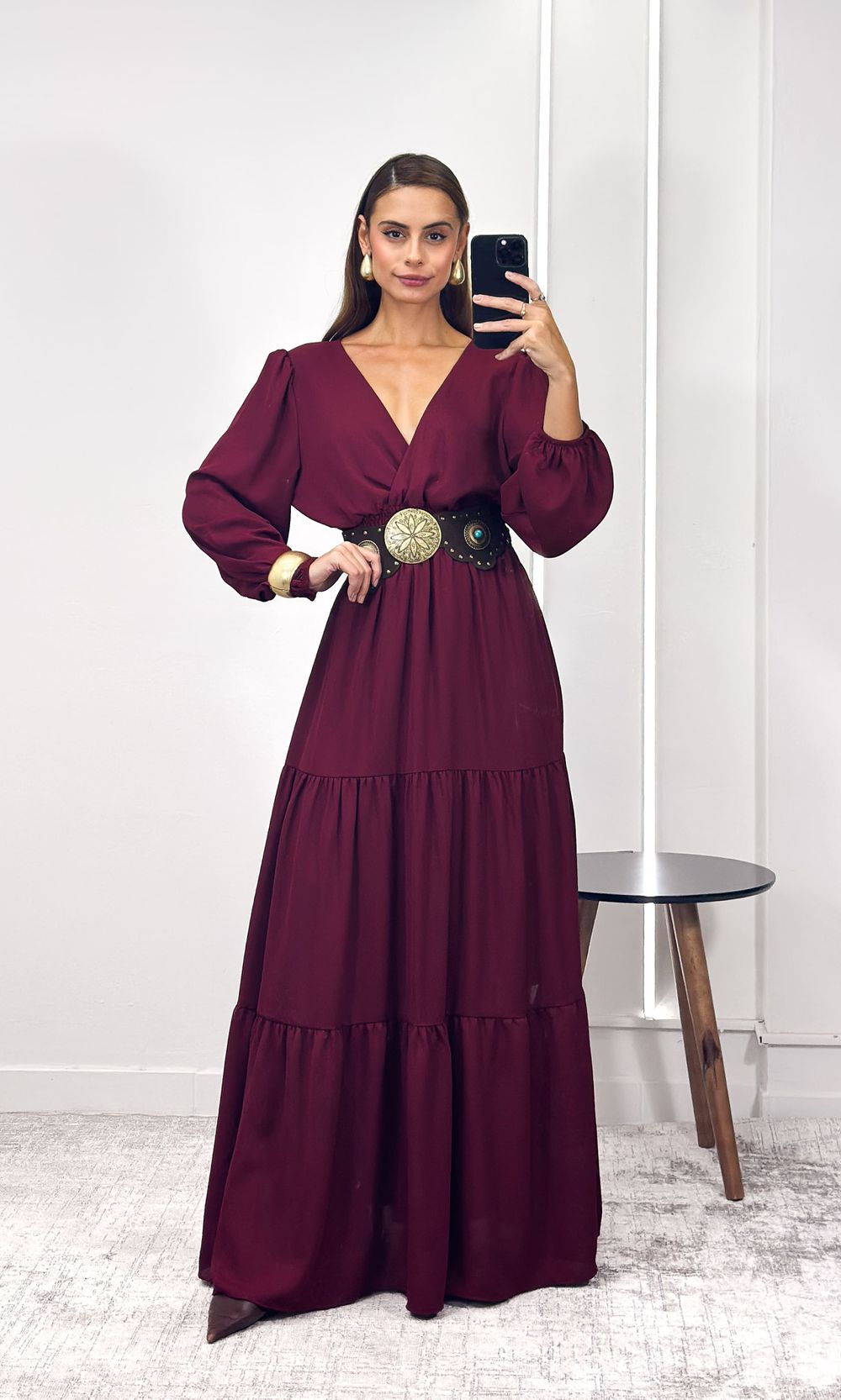 Vestido Longo Crepe com Manga - Vinho - Jack Modas, Moda Feminina e Acessórios 